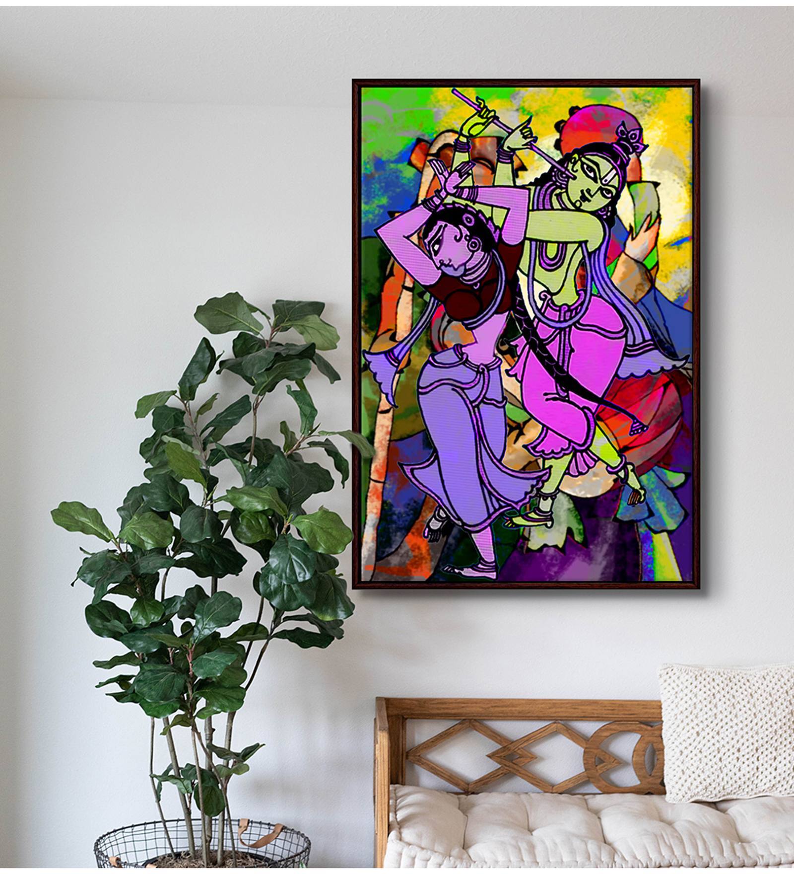 Radha Krishna Playing Flute With Dancing Modern Art Canvas Print