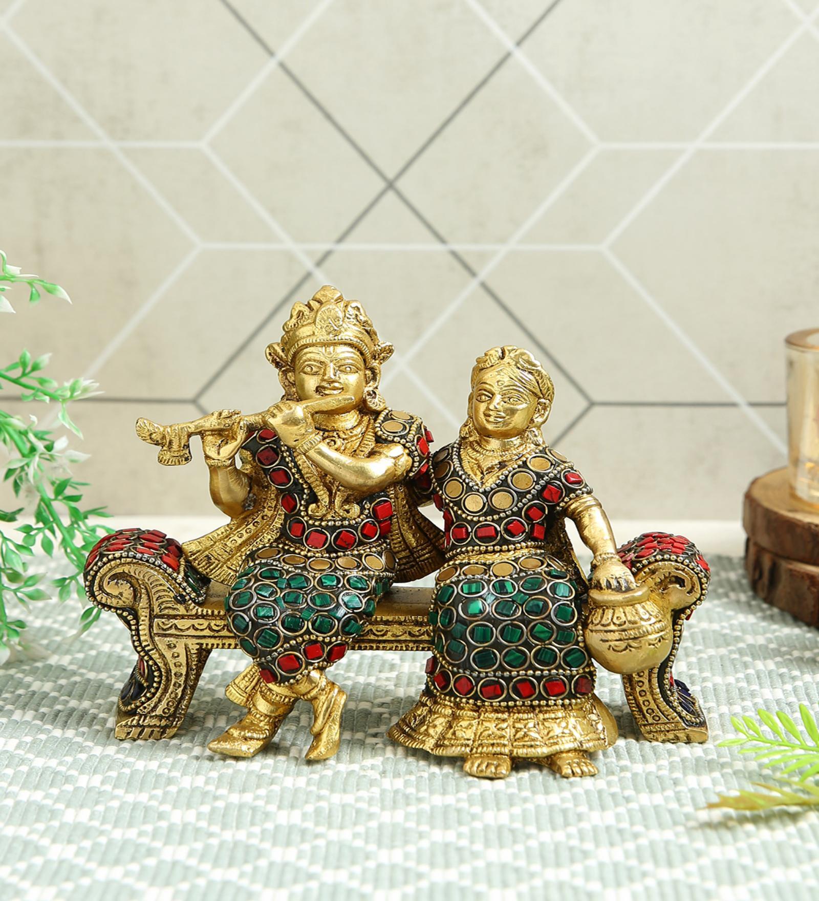 Radha Krishna Sitting 
 Multicolour Brass Idol