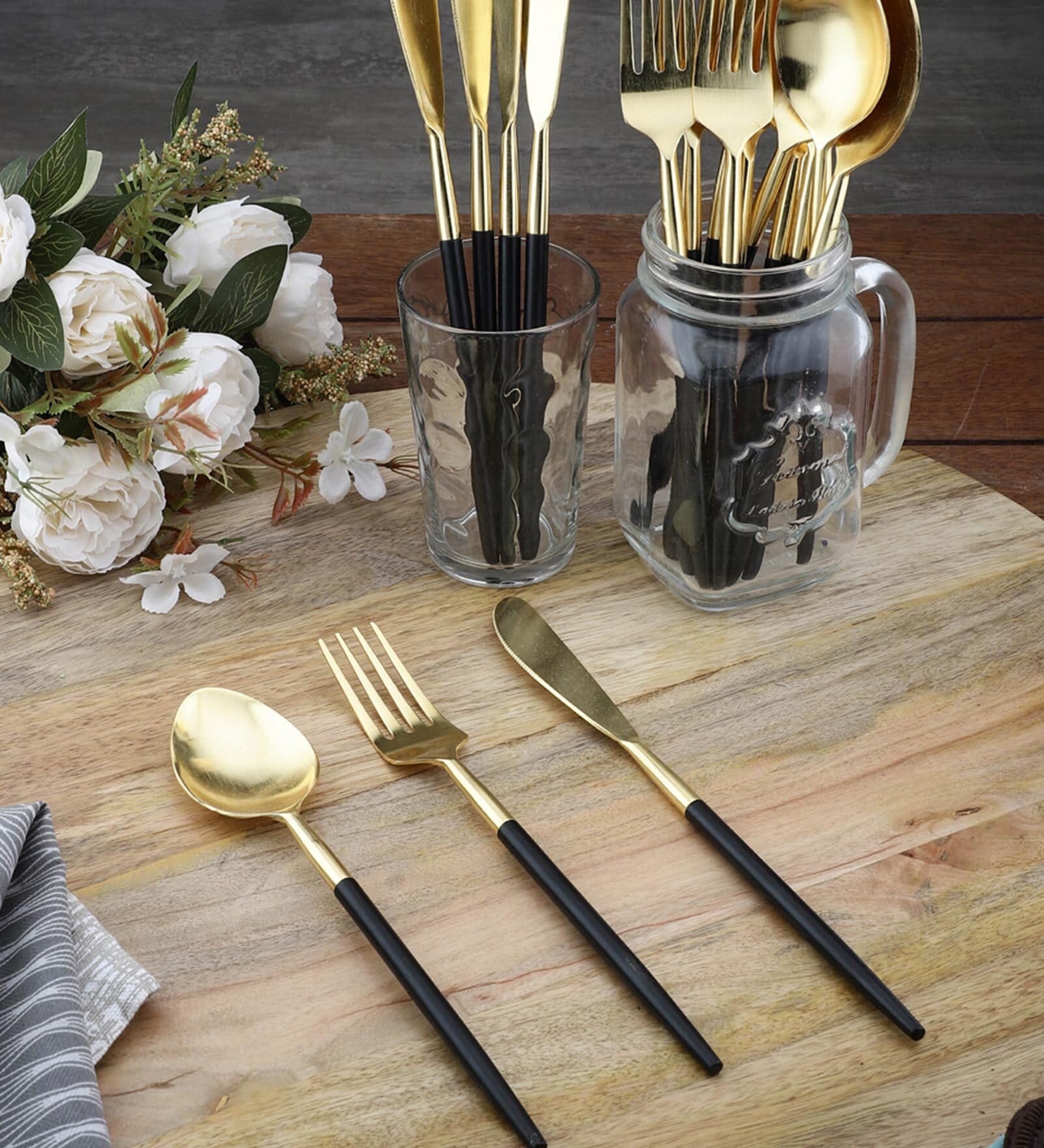 Radiant (Set of 18) Black Colour Stainless Steel Spoon, Fork & Knife Set