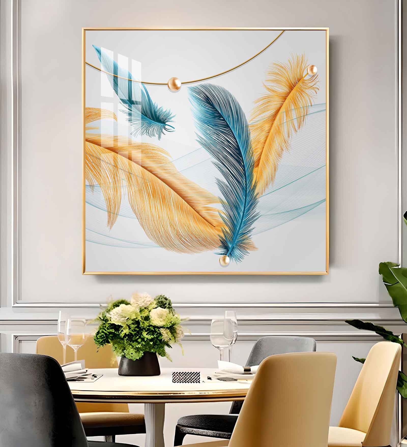 Radiant Blue and Yellow Plume Glass Finish Square Wall Art