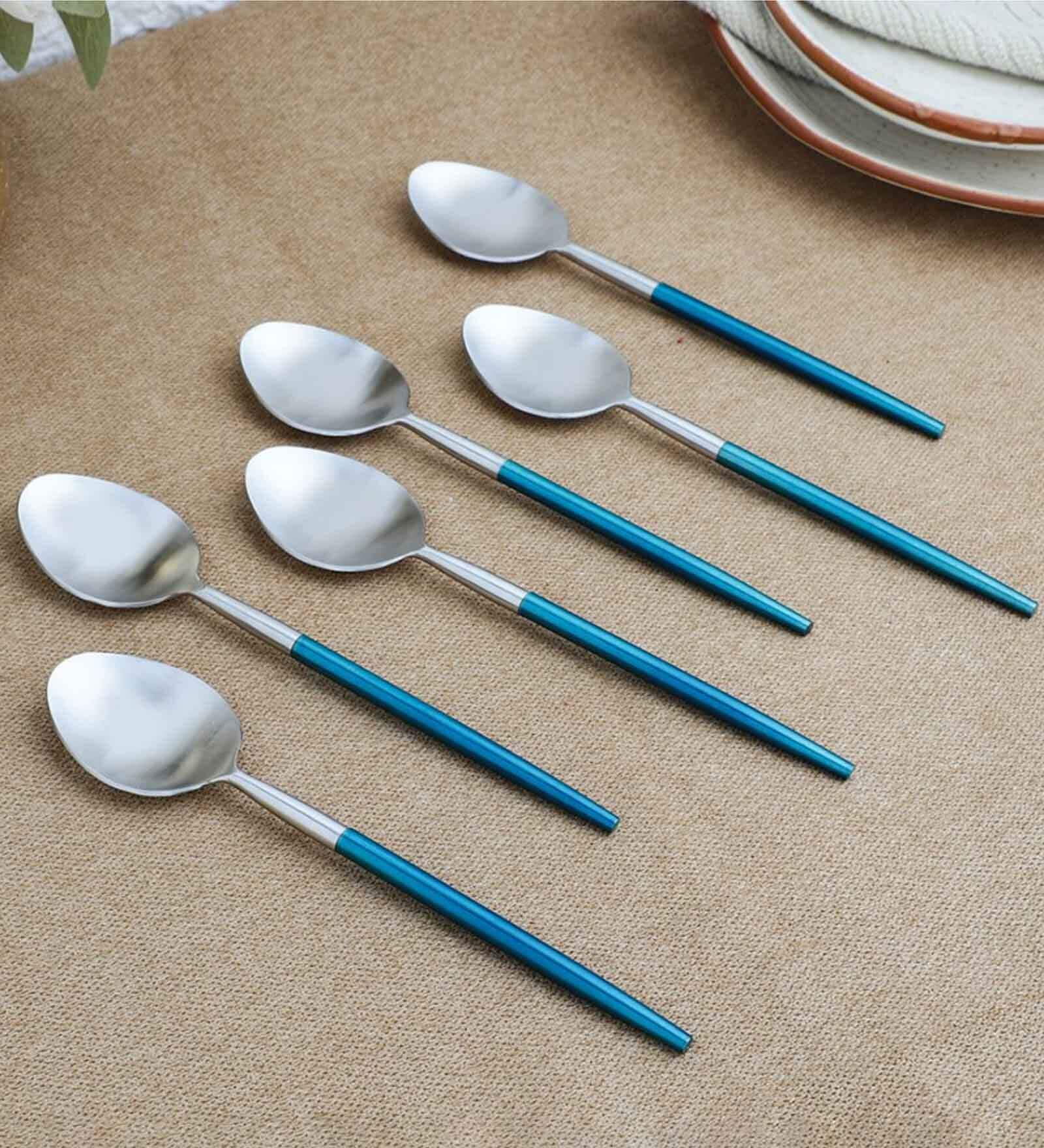 Radiant Blue Handled Matt Finish Stainless Steel Table Spoons (Set of 6)