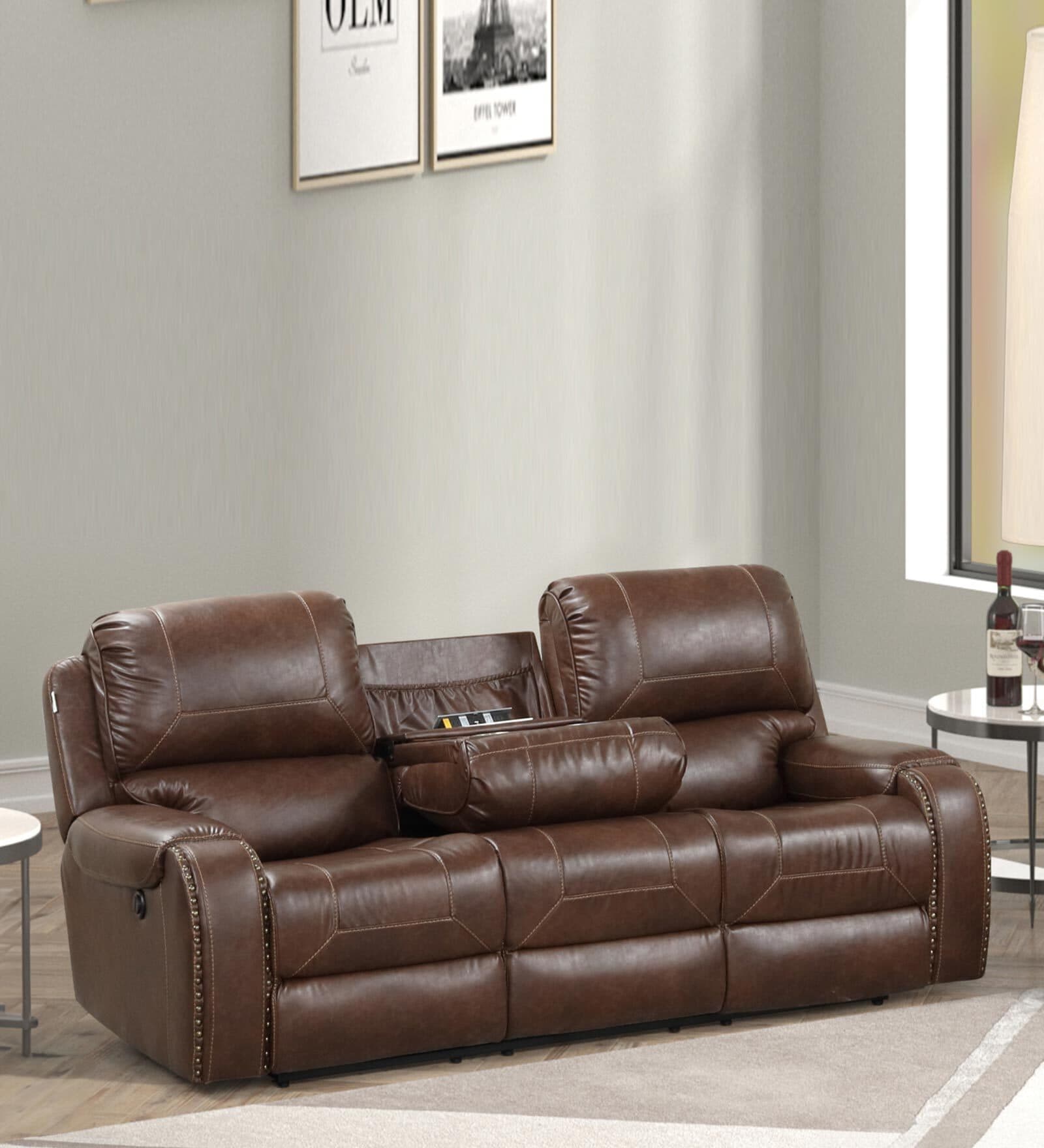 Ny Leatherette 3 Seater Motorized Recliner in Brown Colour