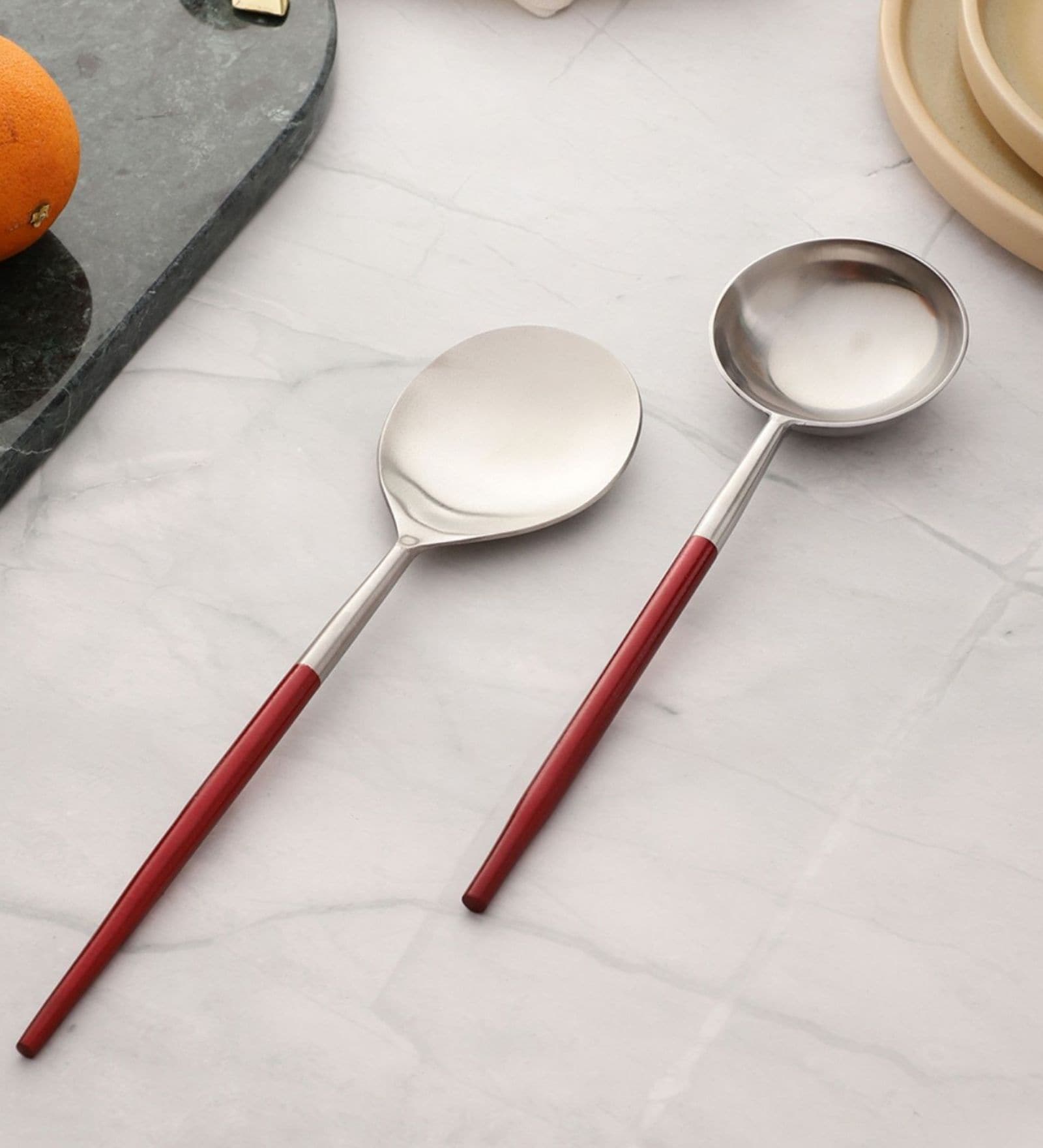 Radiant Maroon Red Handled Matt Finish Stainless Steel Serving Spoons Set of Two