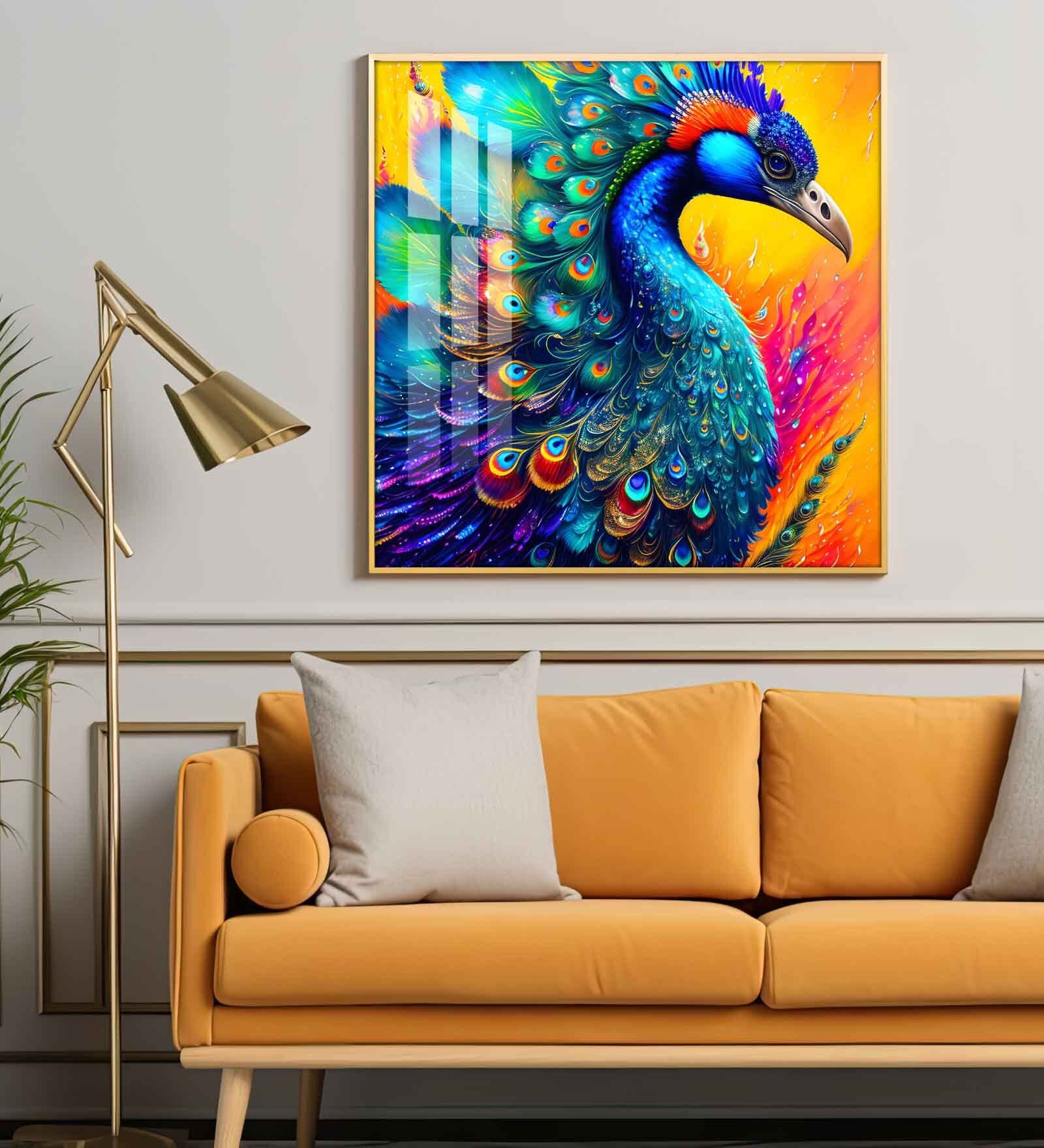 Radiant Peacock Glass Finish Square Wall Art