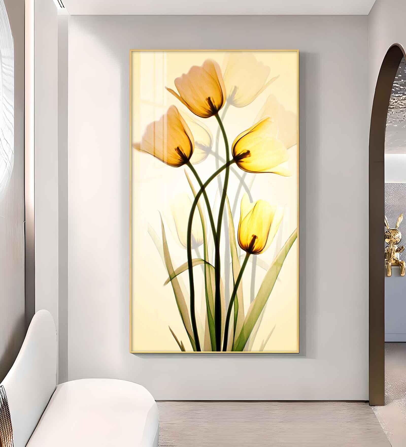 Radiant Yellow Tulips Glass Finish Vertical Wall Art