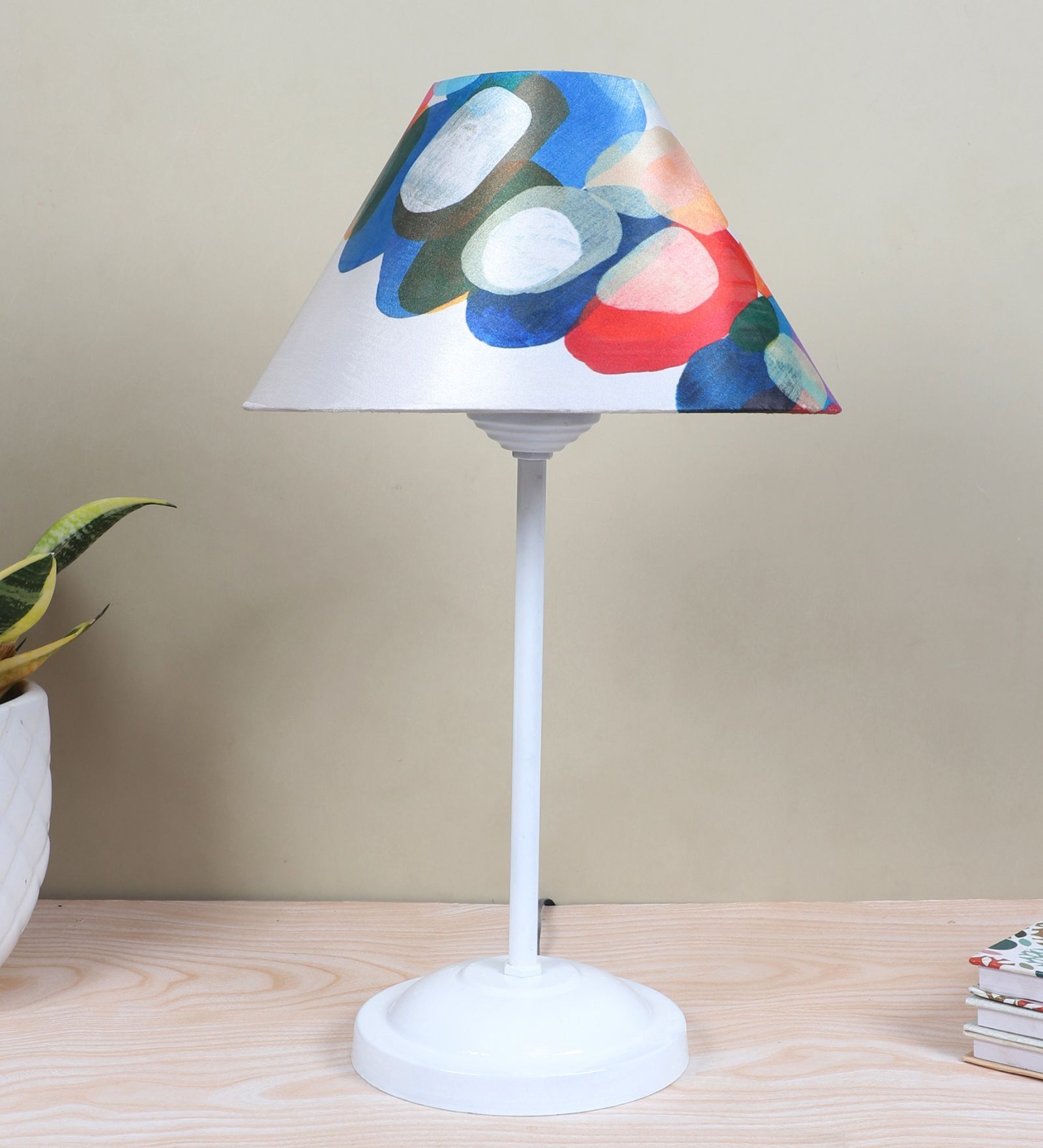 Radient Aura White Metal Table Lamp With Abstract Print Satin Shade