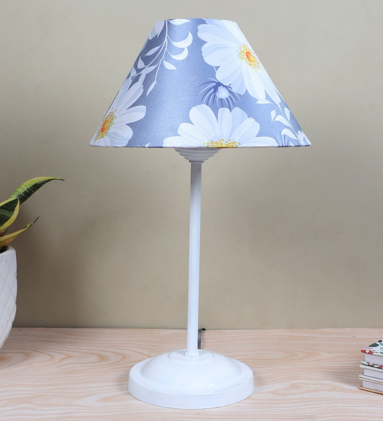 Radient Aura White Metal Table Lamp With Narcissue Floral Print Satin Shade