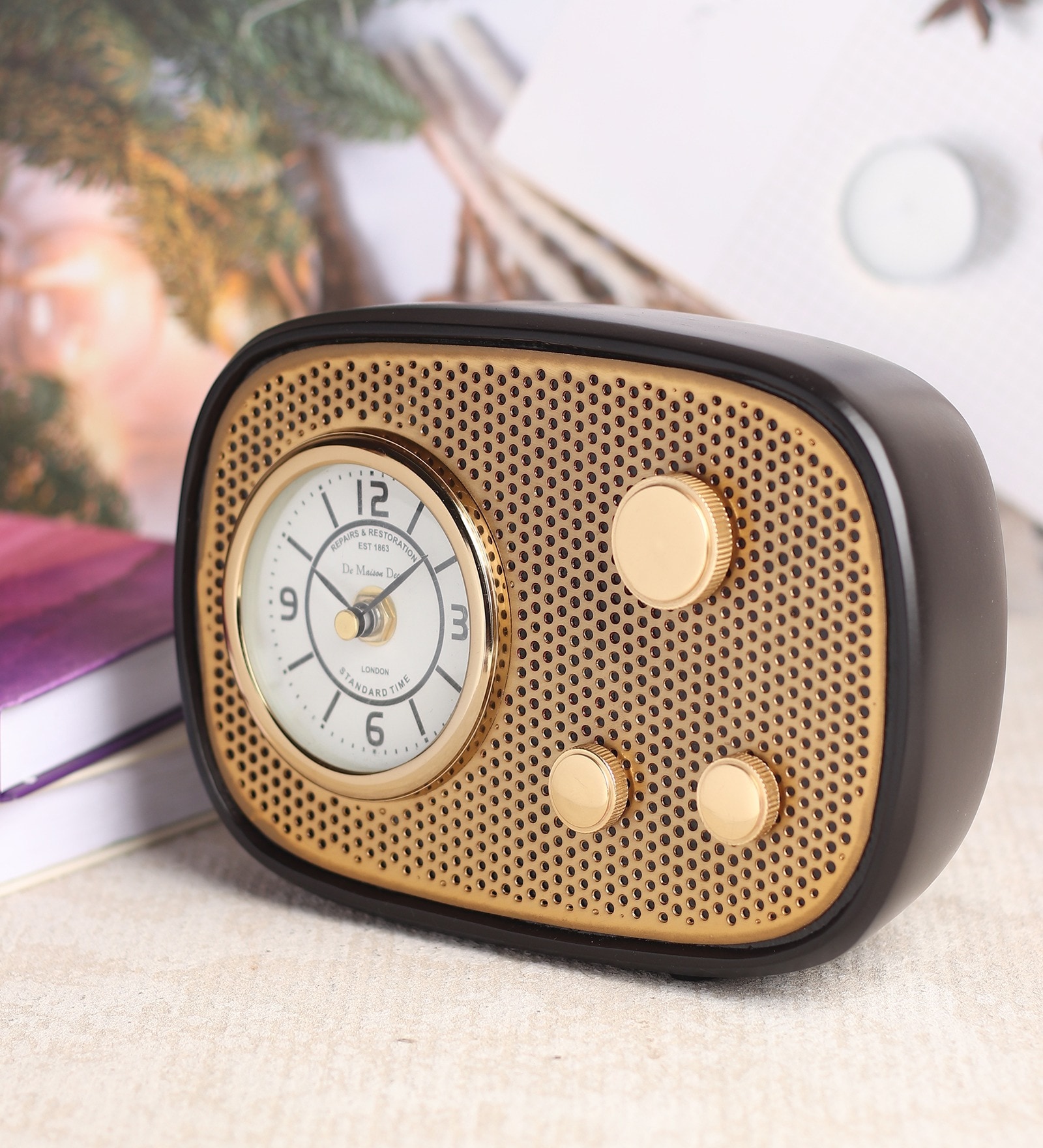 Radio Wave Black Wood Table Clock