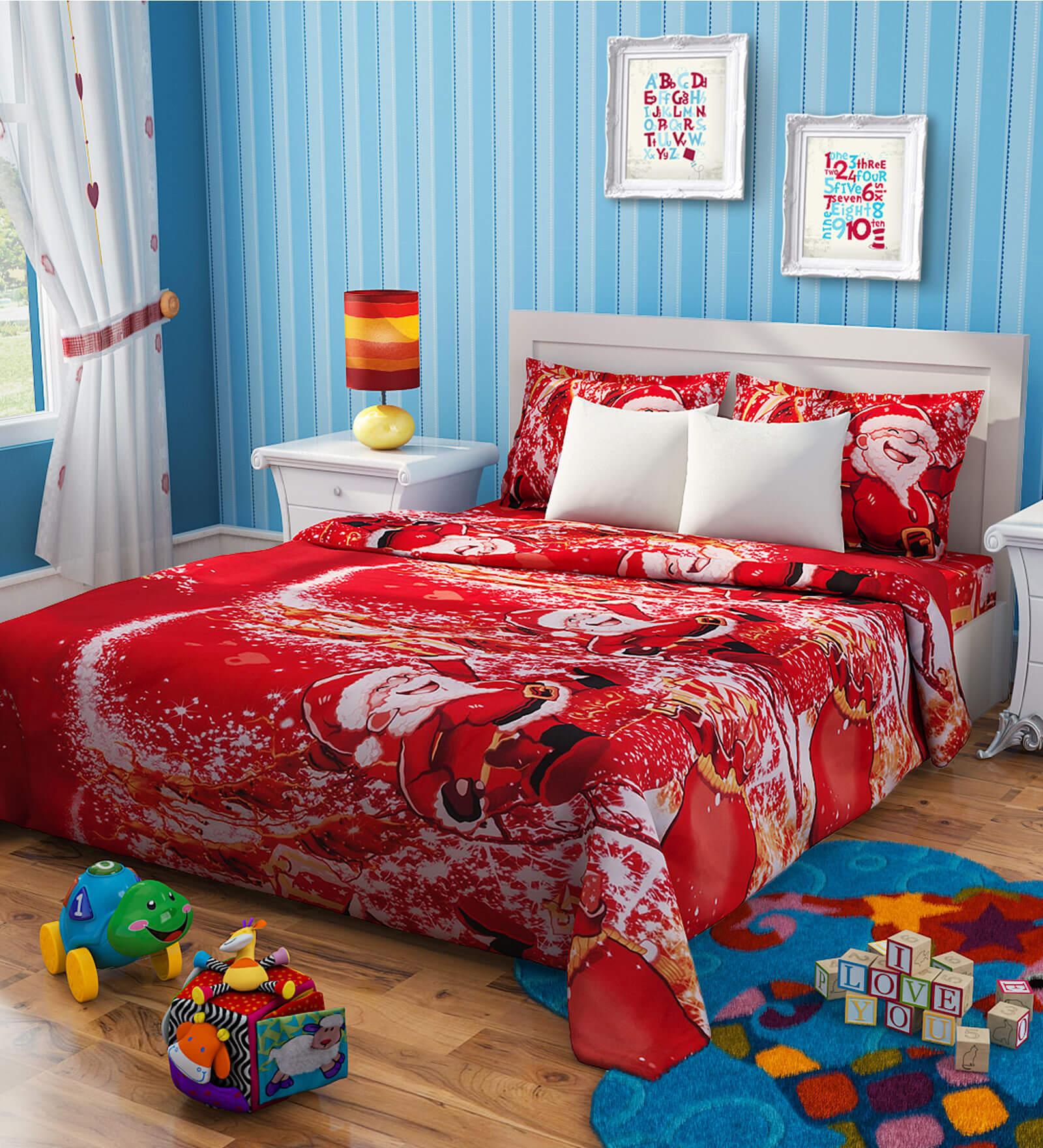 Rago Kids Christmas Santa Claus Single Bedsheet in Red & White with 1 Pillow Case