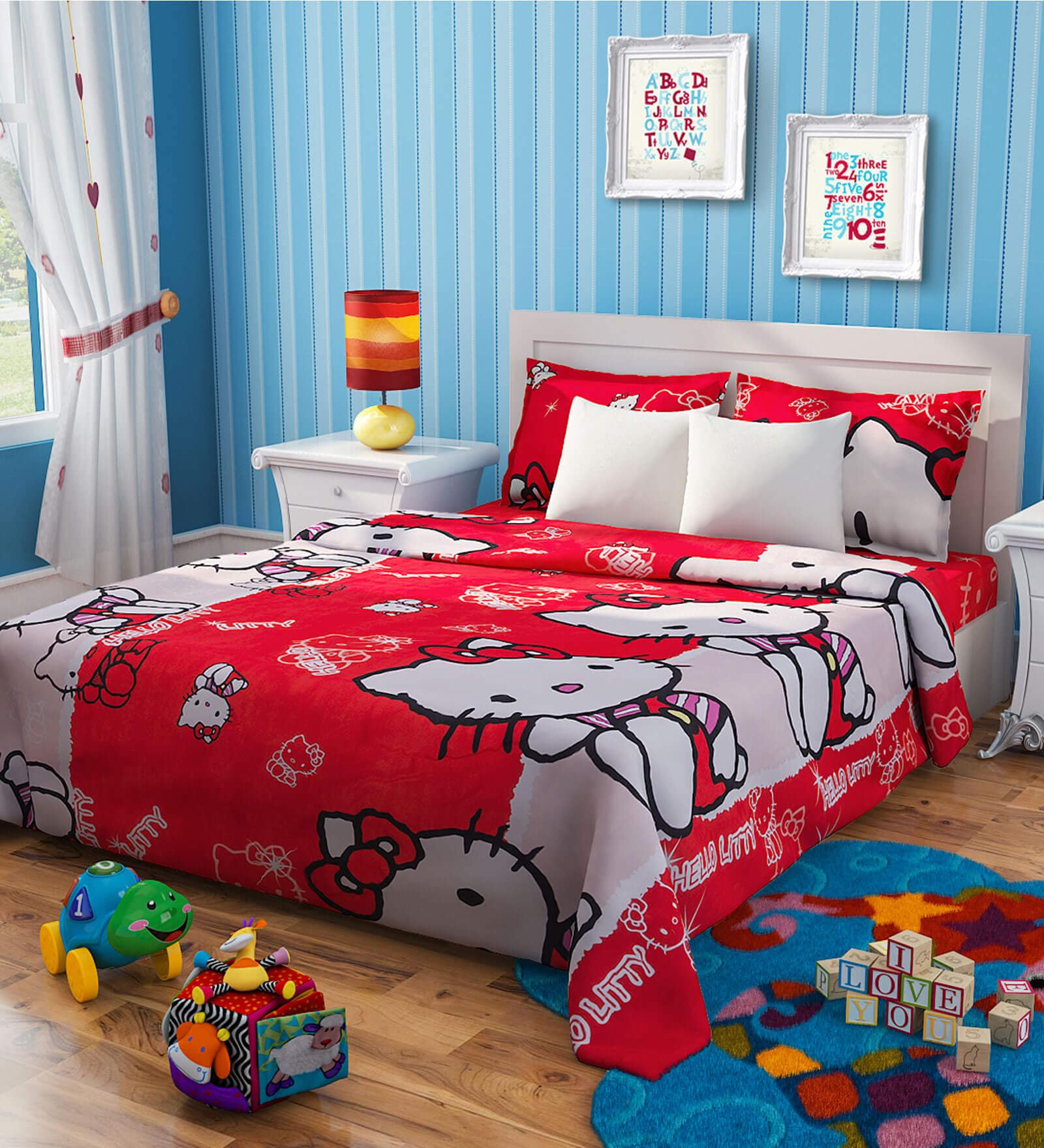 Hello Kitty Single Bedsheet with 1 Pillow Cover in Red Colour