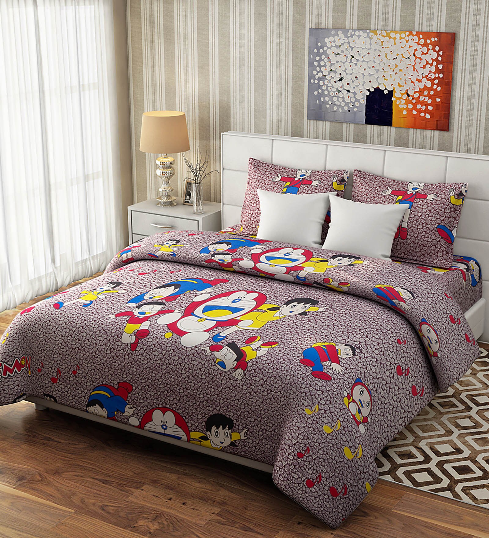 Rago Kids Pop Red & Blue Cotton Doraemon Bedsheet with Pillow Covers