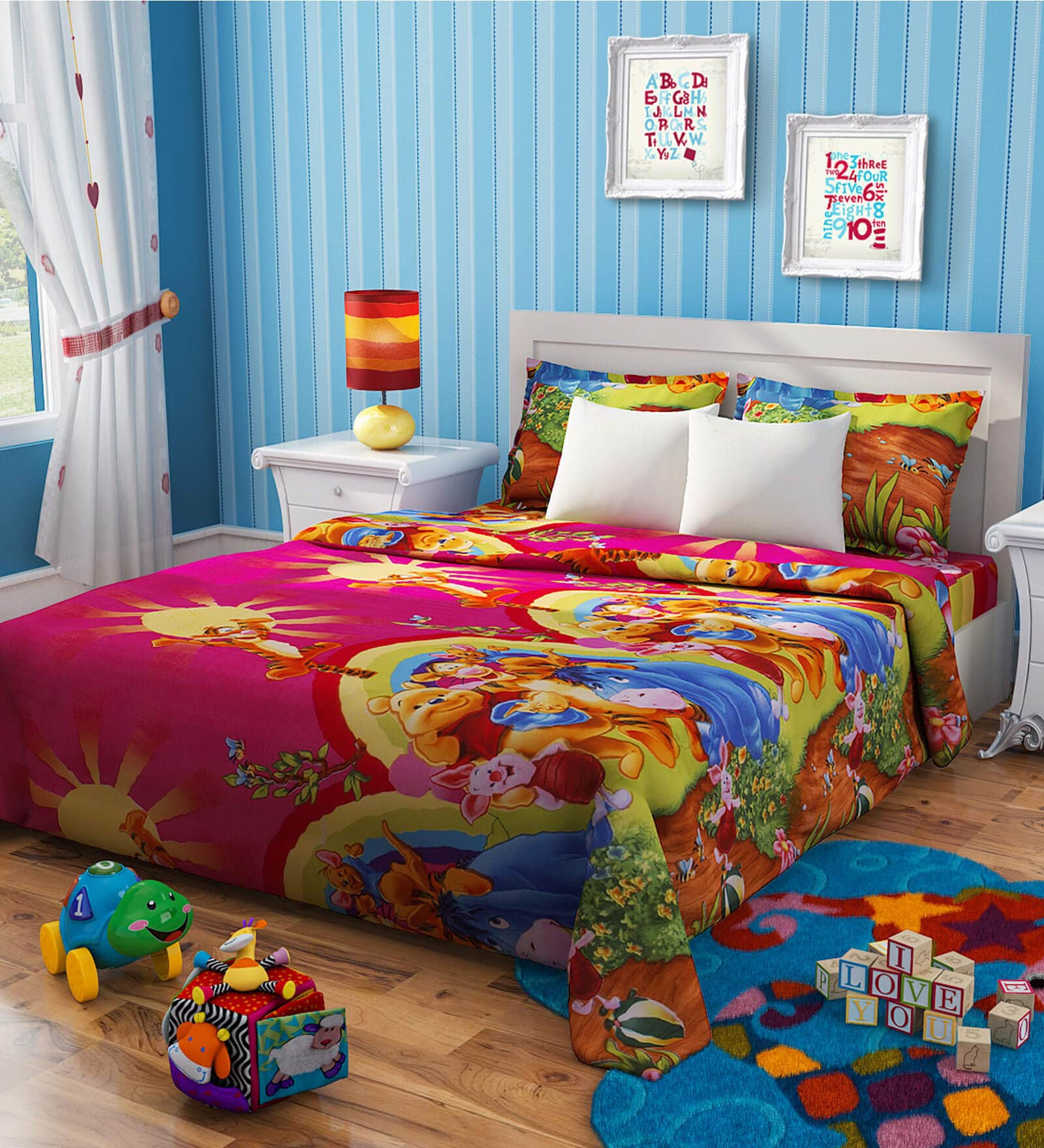 Winnie The Pooh Print Single Bedsheet with 1 Pillow Cover in Multicolour