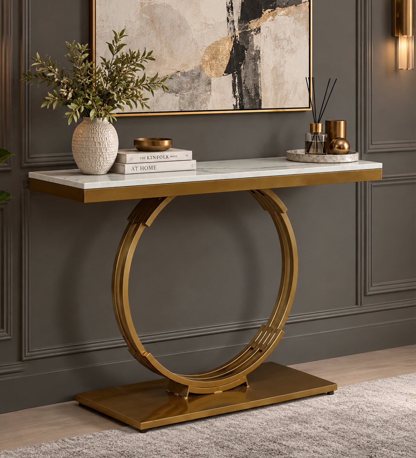 Ragusa Metal Console Table in Gold Finish with Porcelain Top Ragusa Metal Console Table in Gold Finish with Porcelain Top