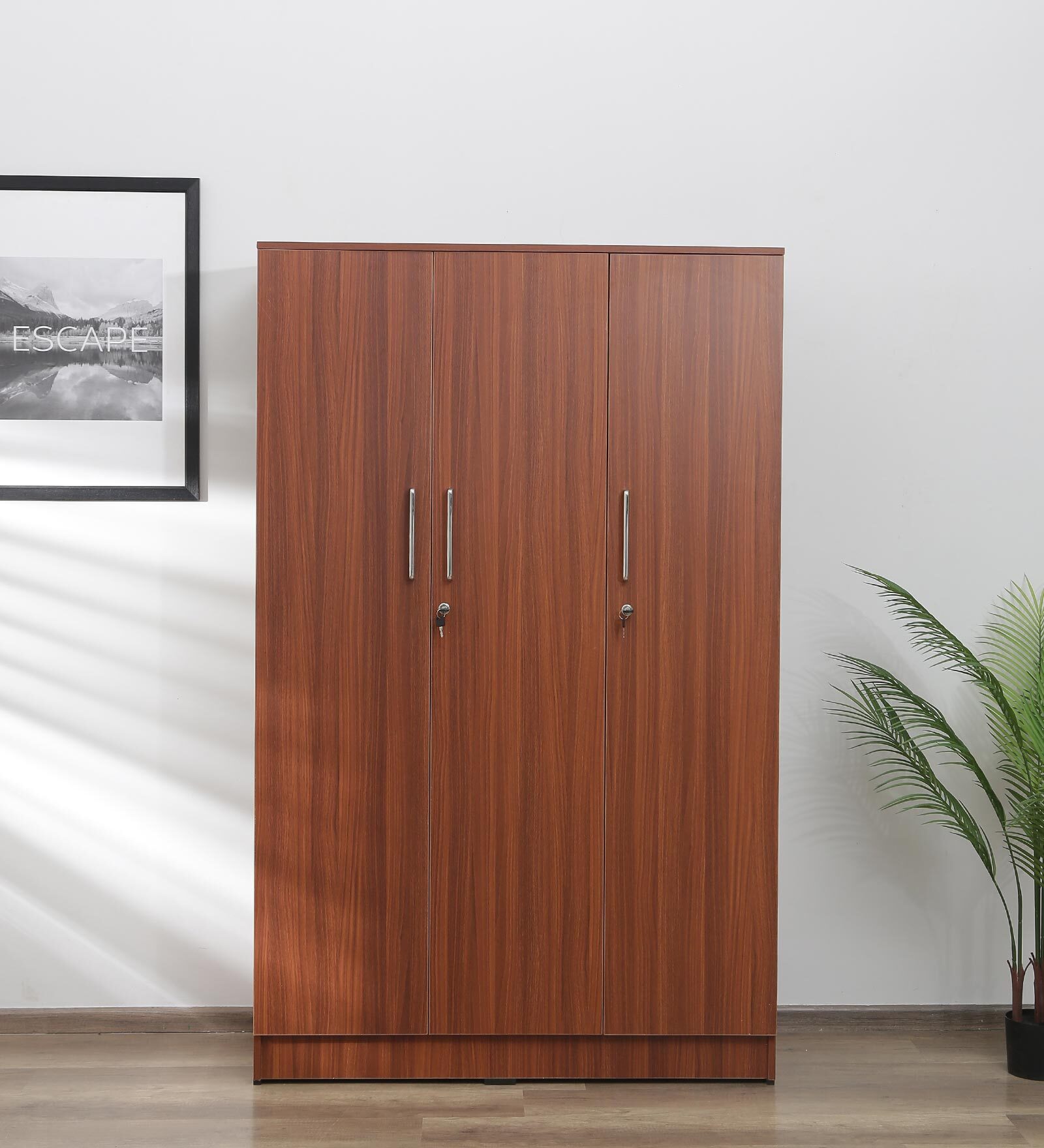 Raidon 3 Door Wardrobe in Walnut Finish with Lock