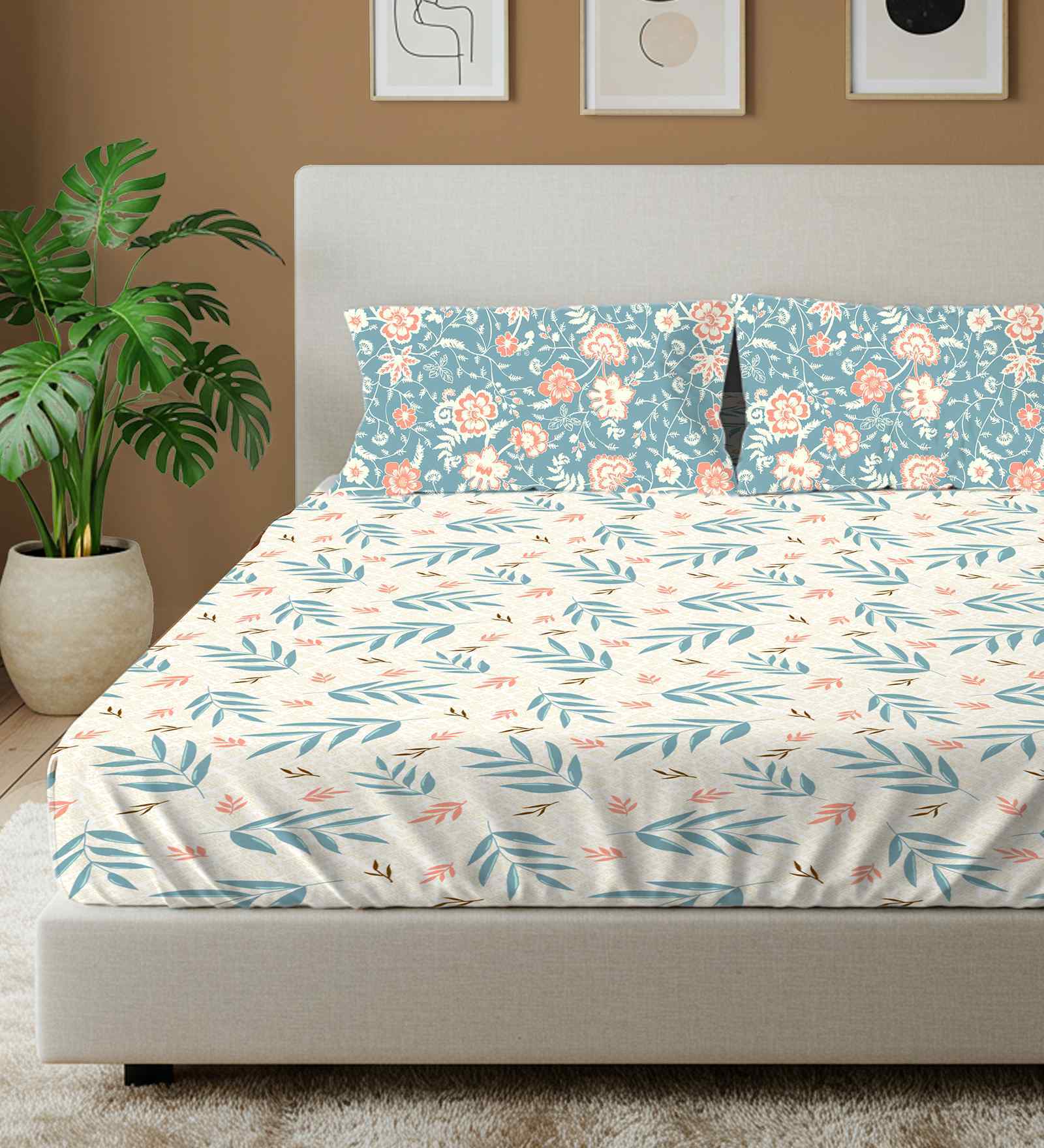 Raina Blue Floral 144 Tc Cotton King Bedsheet With 2 Pillow Covers