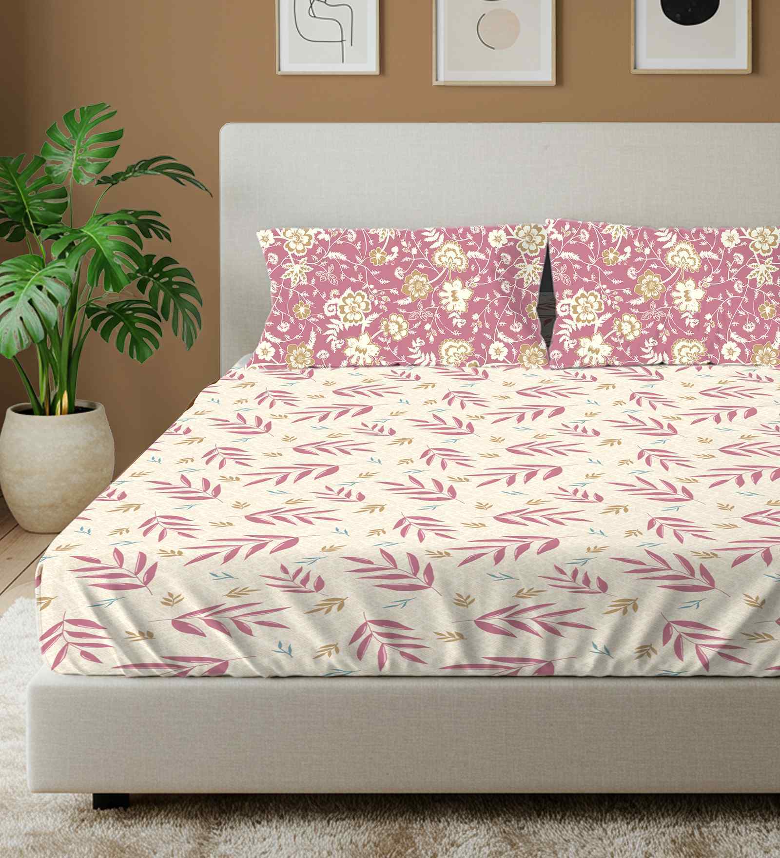 Raina Mauve Floral 144 Tc Cotton King Bedsheet With 2 Pillow Covers