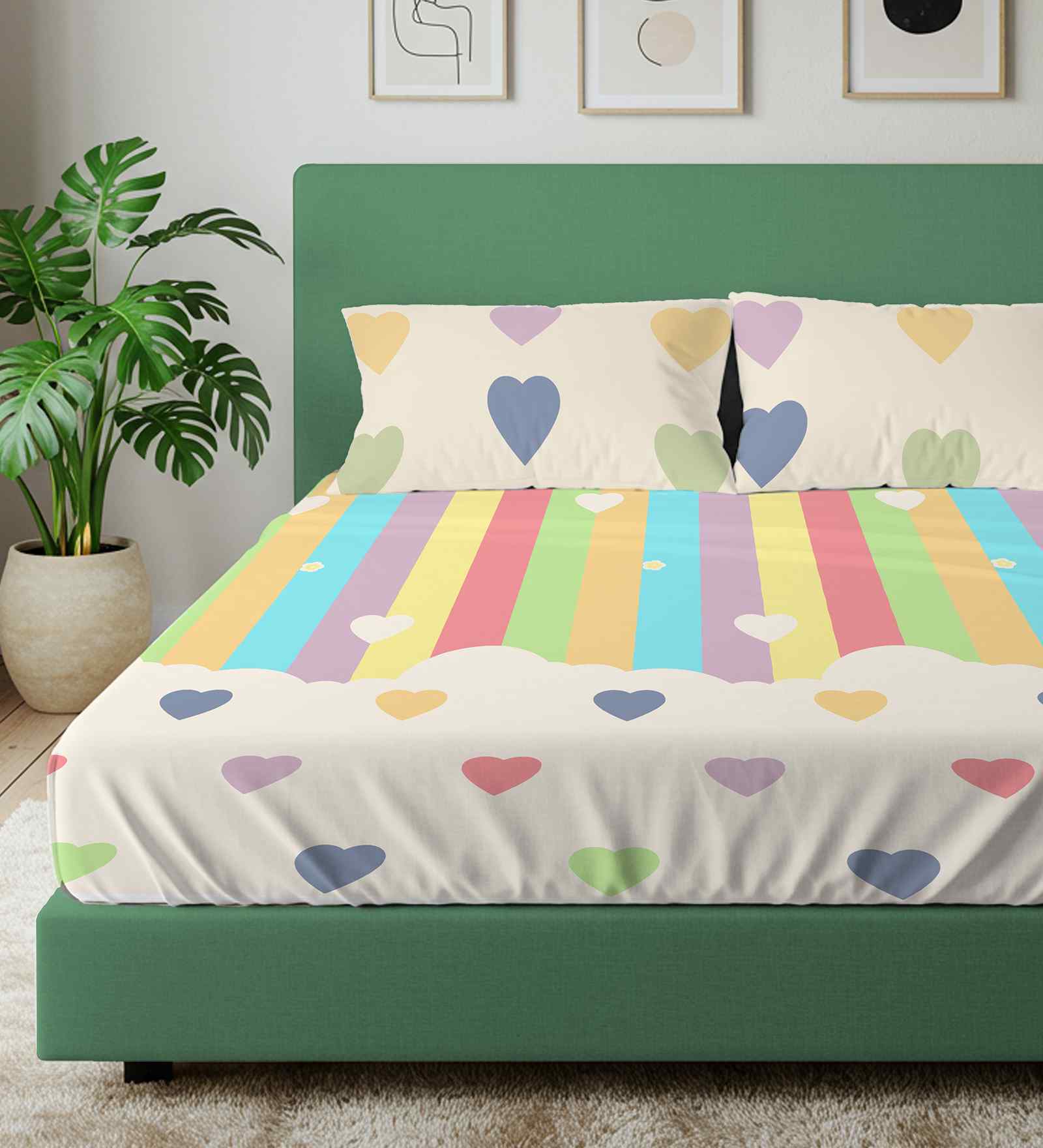 Rainbow Hearts 144 Tc Cotton Double Bedsheet With 2 Pillow Covers