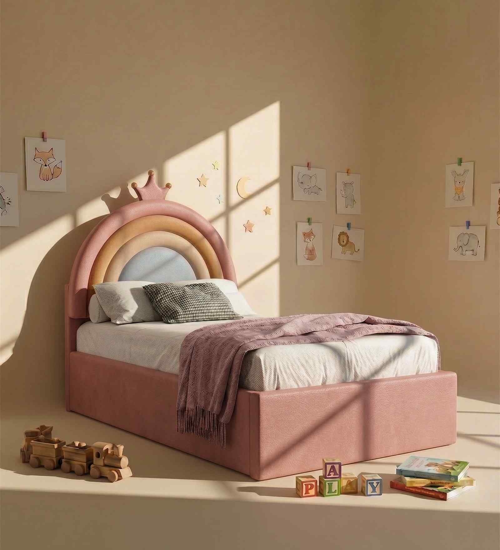 Rainbow Leatherette Kids Twin Bed In Pink Colour