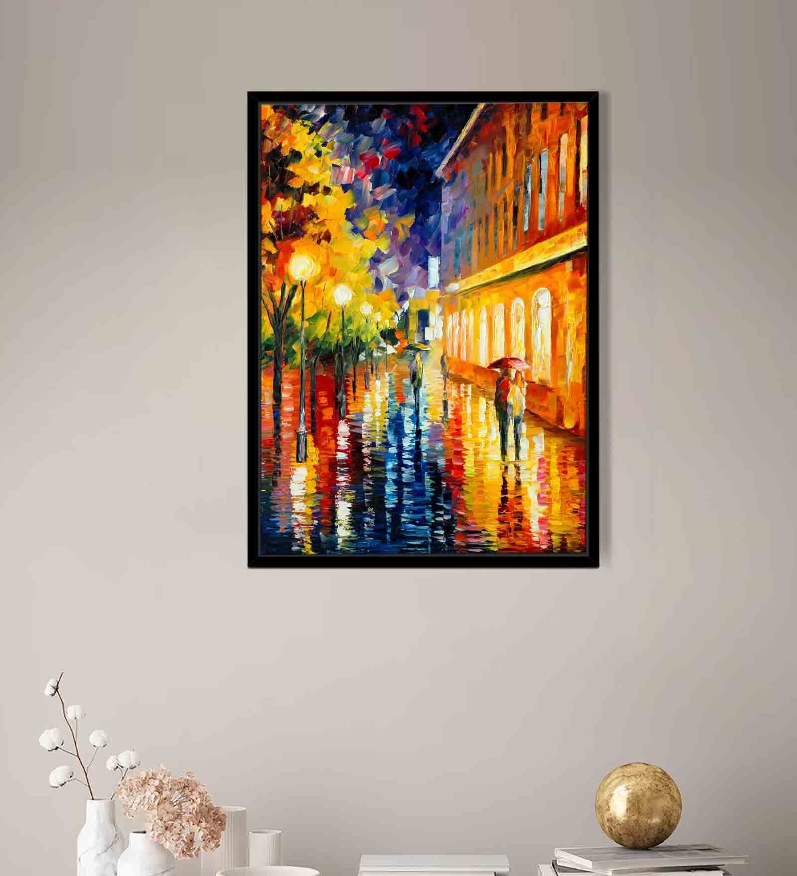Rainy Street Multicolour Synthetic Wood Framed Canvas Wall Painting