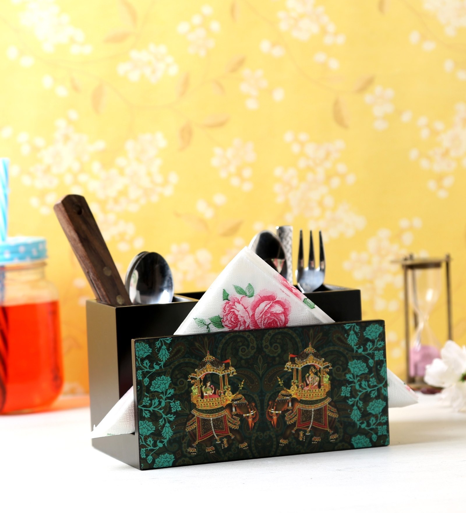 Green Mdf Wood Cutlery Holder