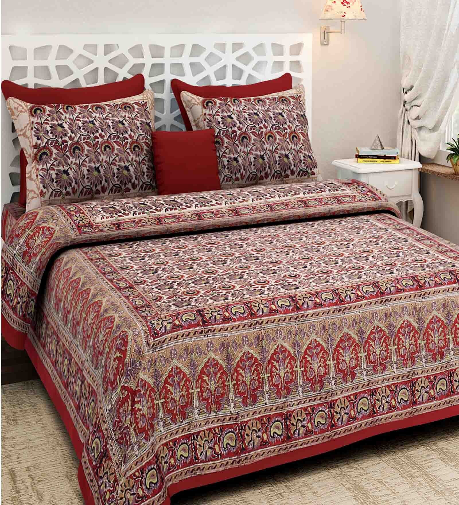 Red Floral 160 TC Cotton 1 Double Bedsheet with 2 Pillow Covers