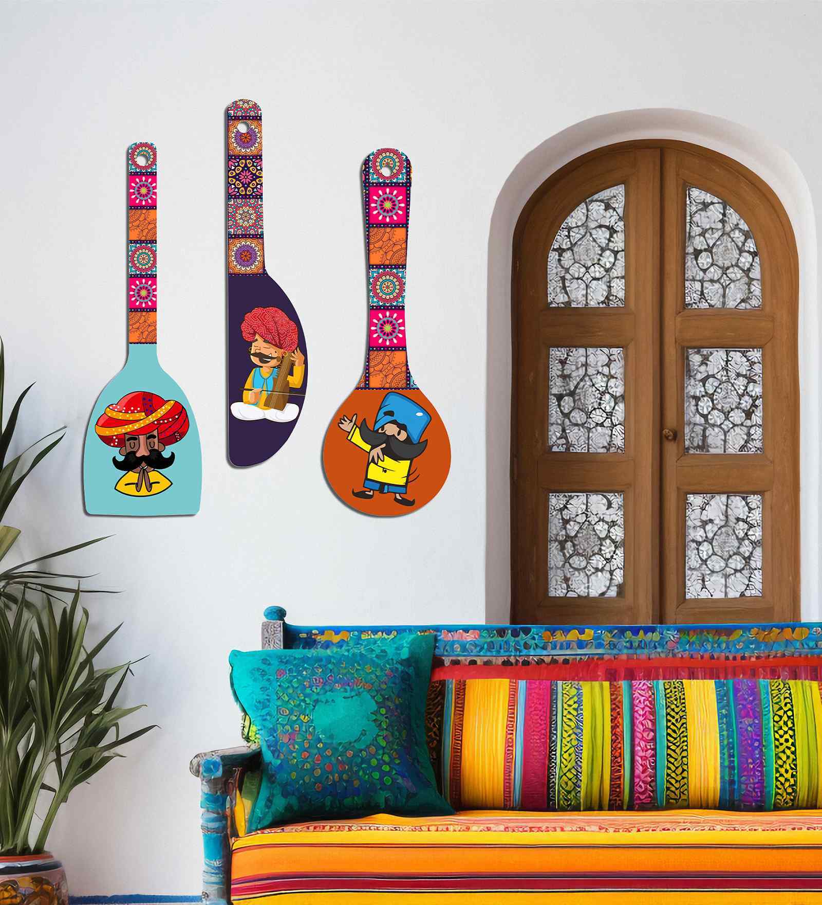 Set of 3  Rajasthani Character Wooden Spoon Wall Hanging