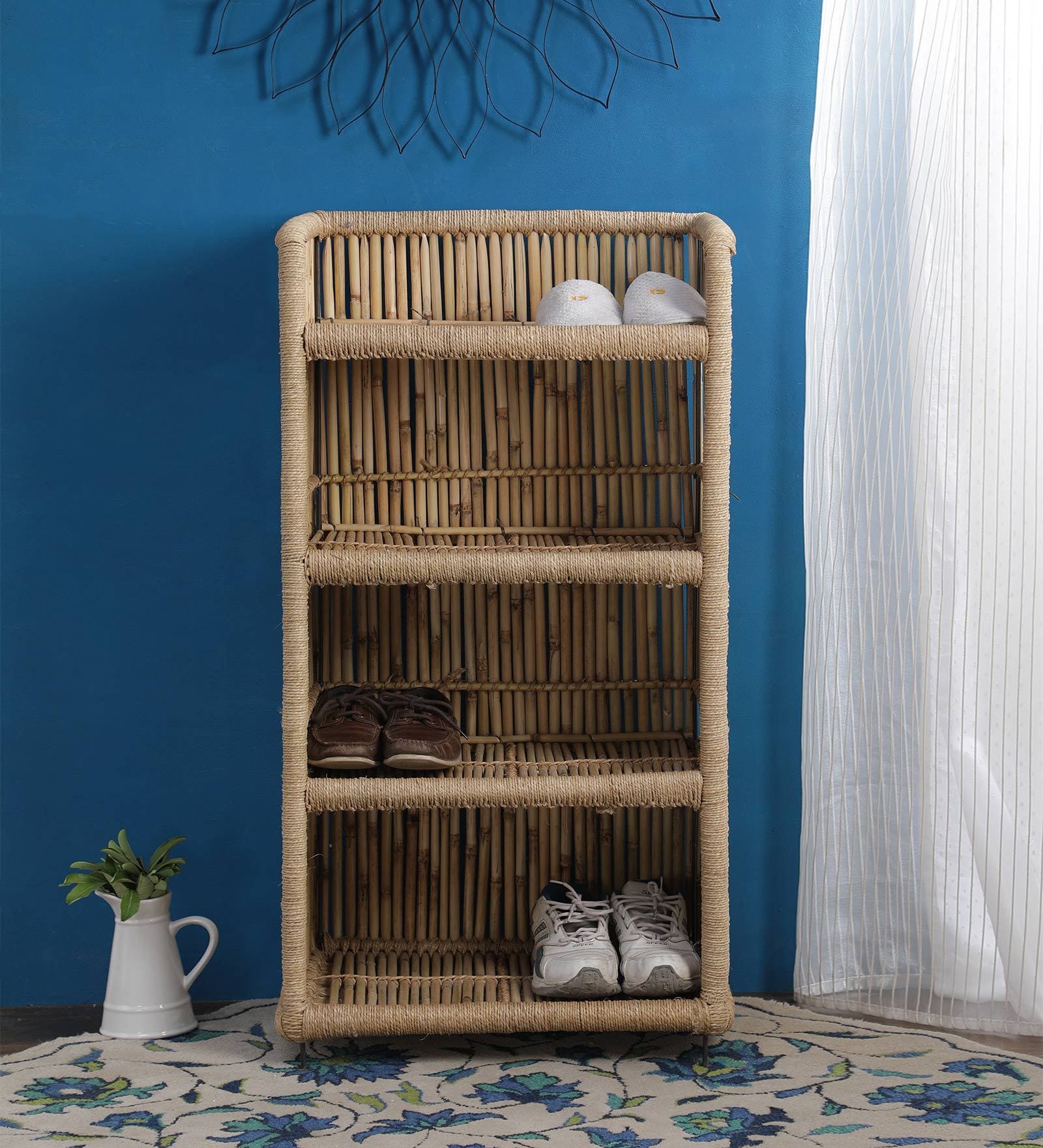 Ethnic 4 Tier Cane Open Shoe Rack in Beige Finish
