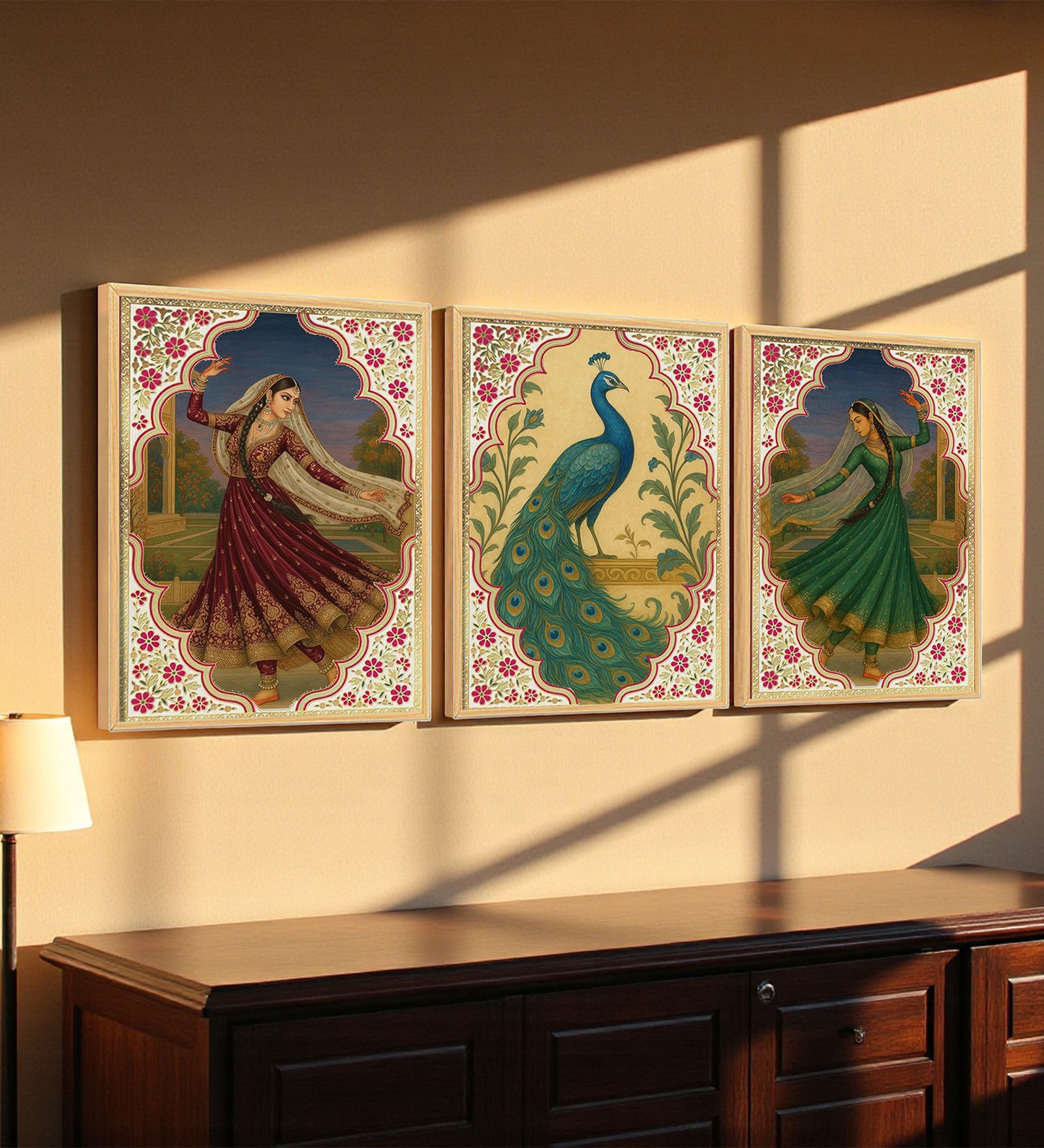 Classical Indian Dancer & Peacock Wall Art Framed Set of 3