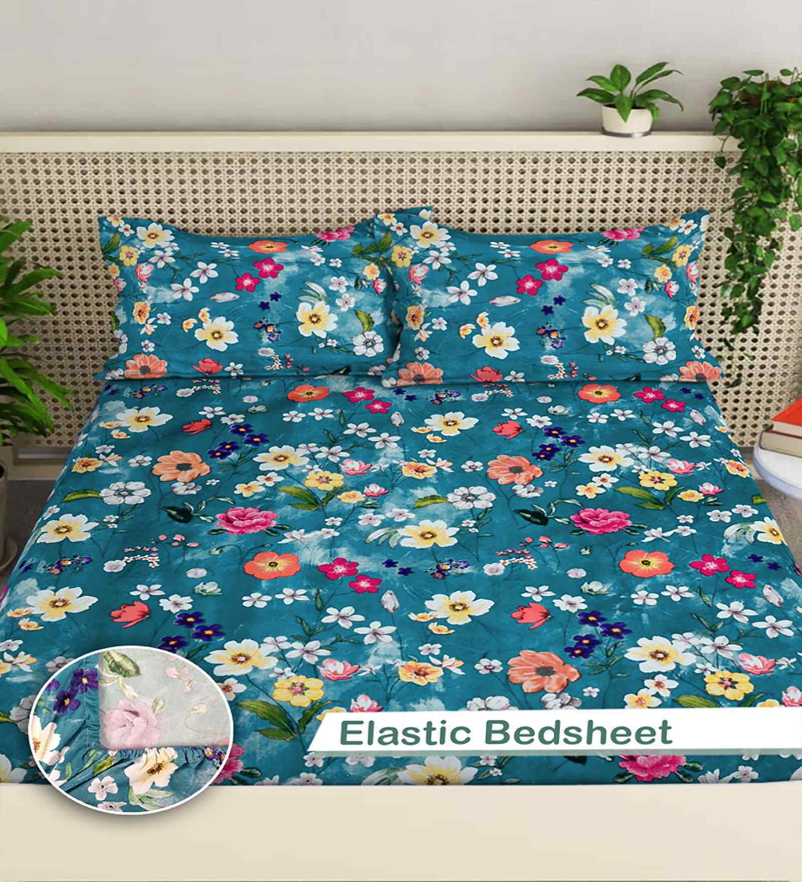 Rama Blue Floral 300 TC Cotton Blend King Size Fitted Double Bedsheet with 2 Pillow Covers