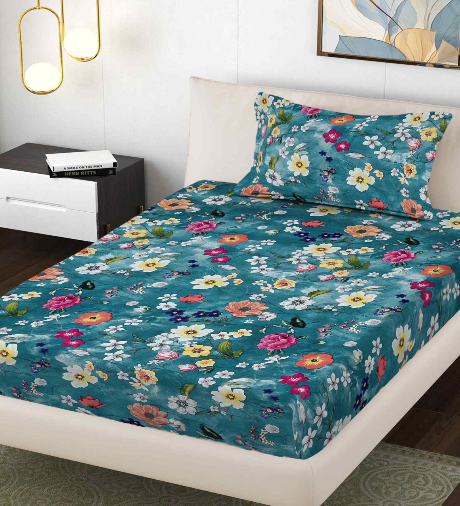 Rama Blue Floral 300 TC Cotton Blend Single Bedsheet with 1 Pillow Cover