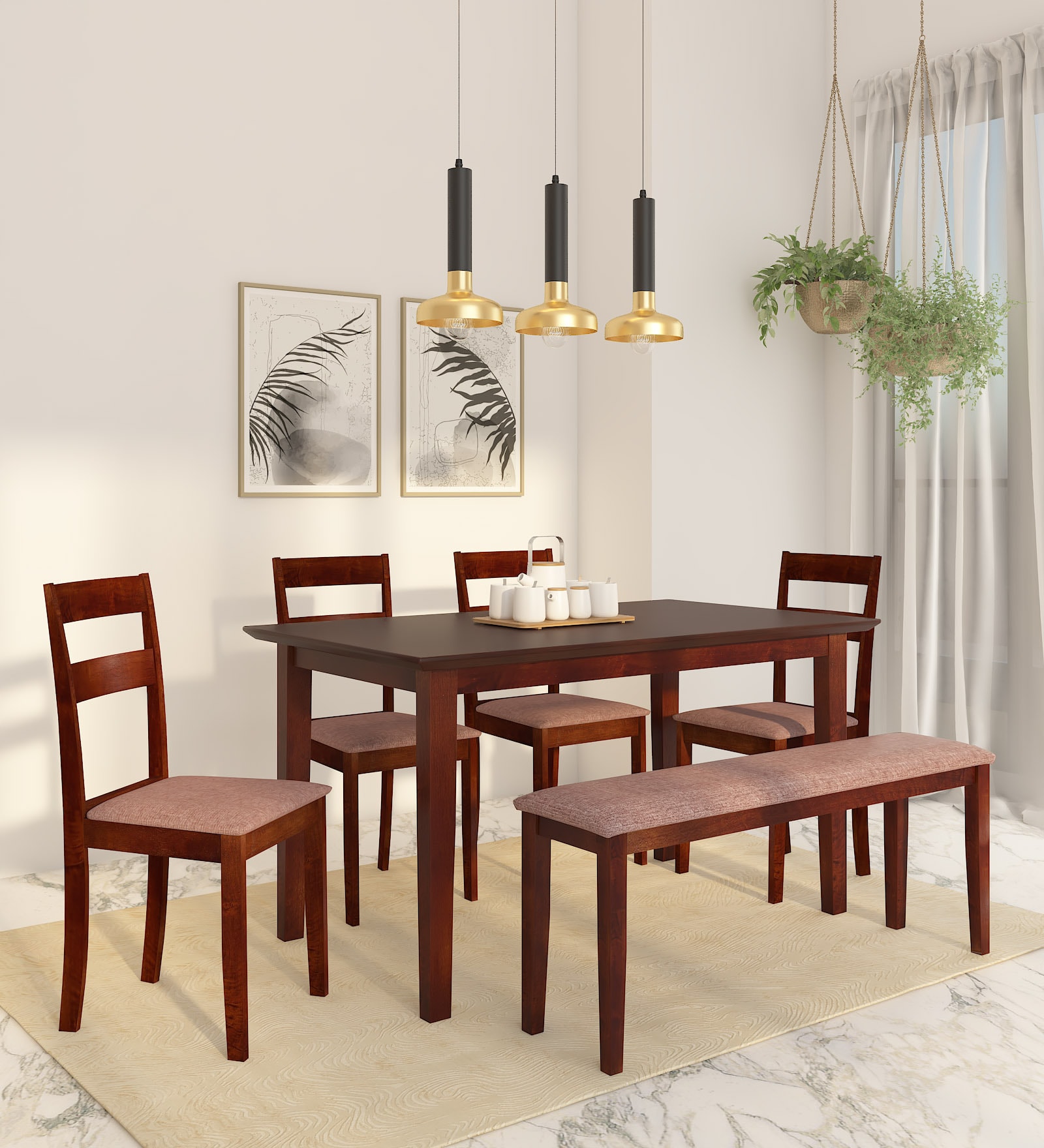 Ramen Solid Wood 6 Seater Dining Set in Cappuccino Finish with Bench