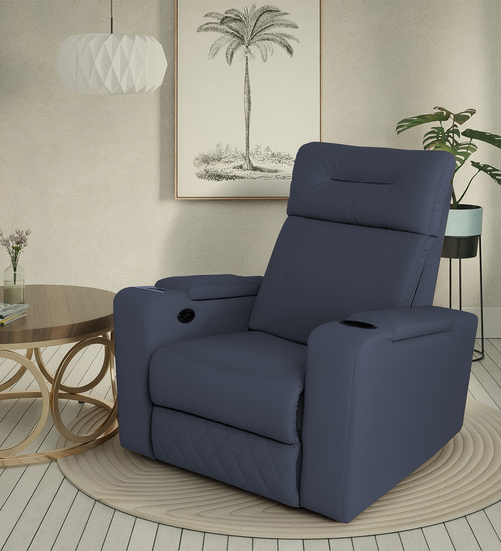 Ramp Recliner Sofa Fabric In Navy Blue Color