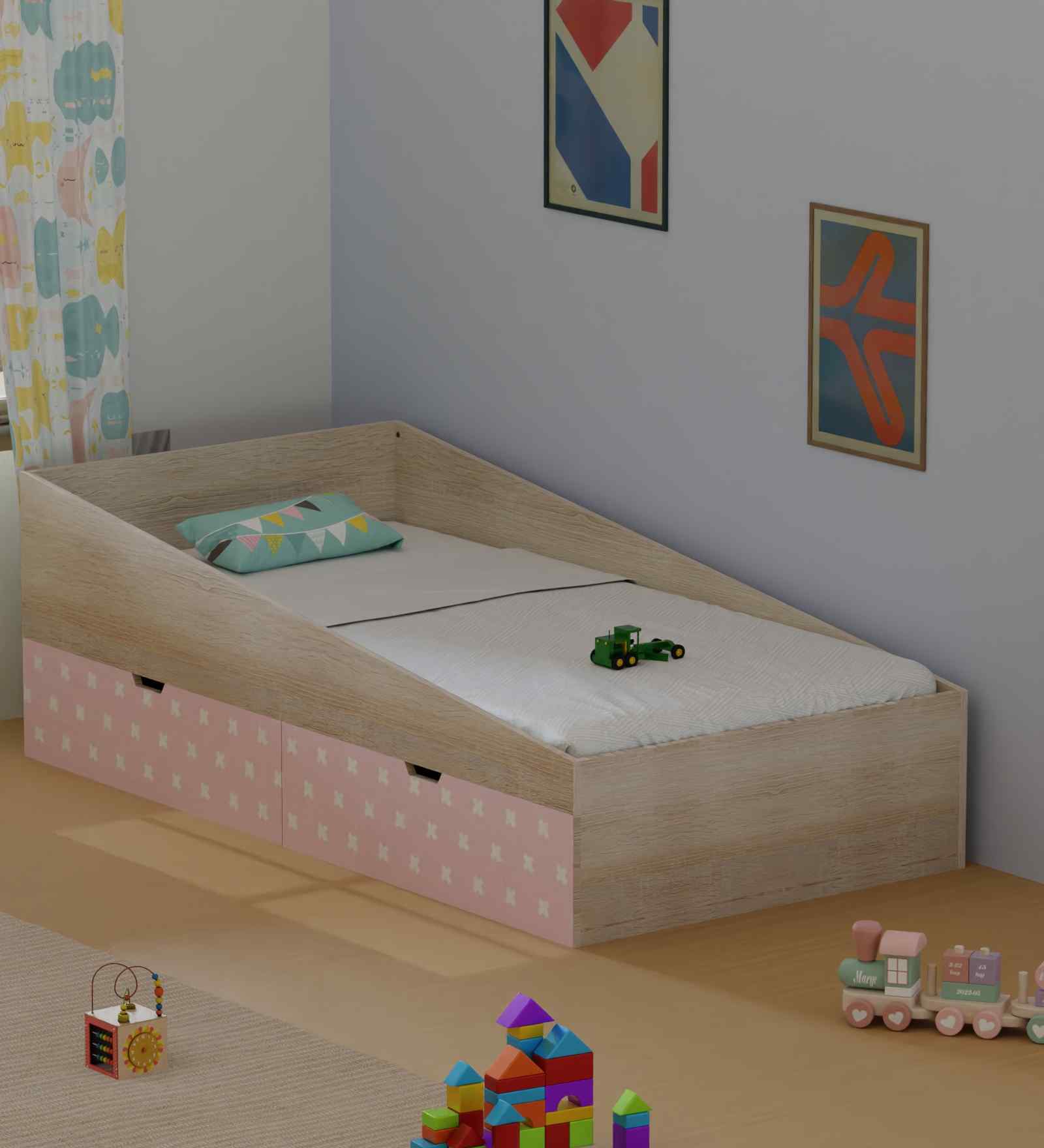 Ramp Up Single Bed in Oak and Pink Finish