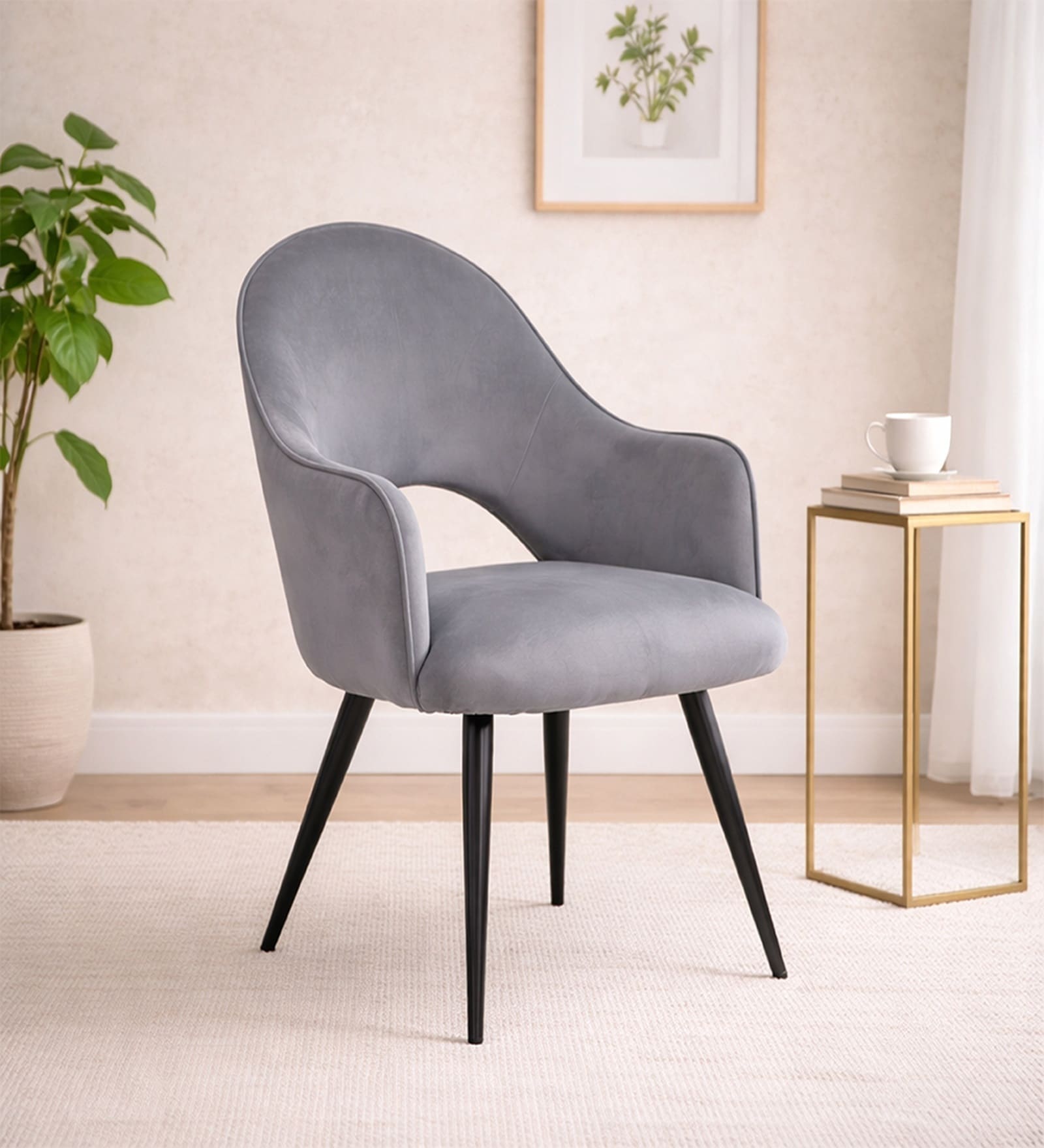 Rams Velvet Arm Chair In Grey Colour