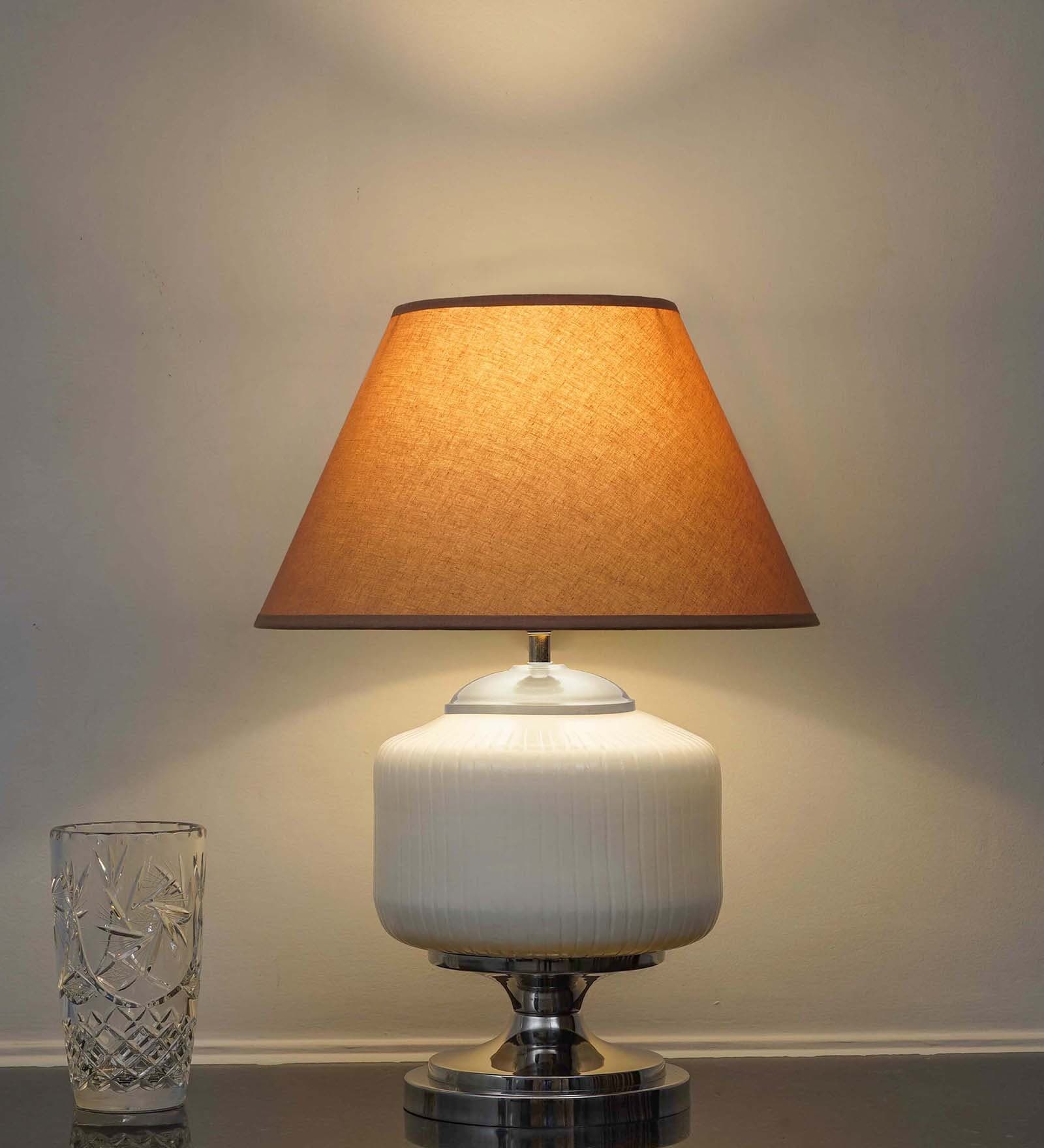 Ramzi Chrome Finish Metal And Frosted White Glass Table Lamp With Beige Cotton Shade