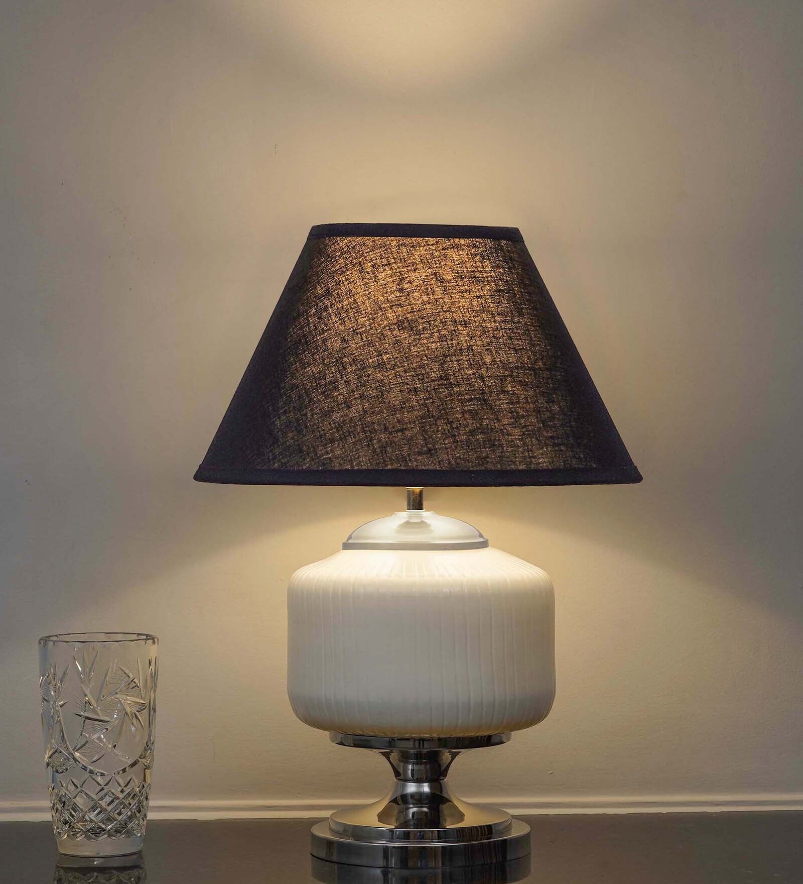 Ramzi Chrome Finish Metal And Frosted White Glass Table Lamp With Black Cotton Shade