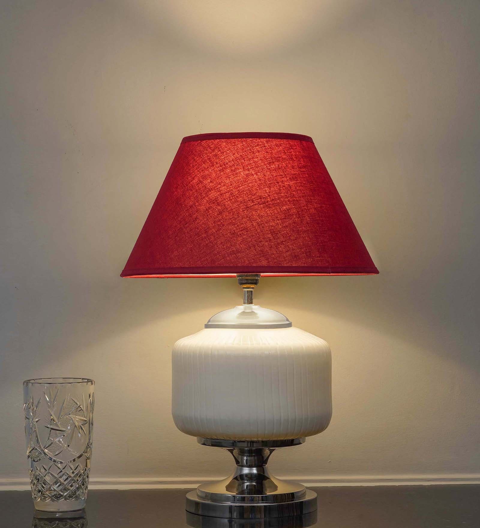 Ramzi Chrome Finish Metal And Frosted White Glass Table Lamp With Maroon Cotton Shade