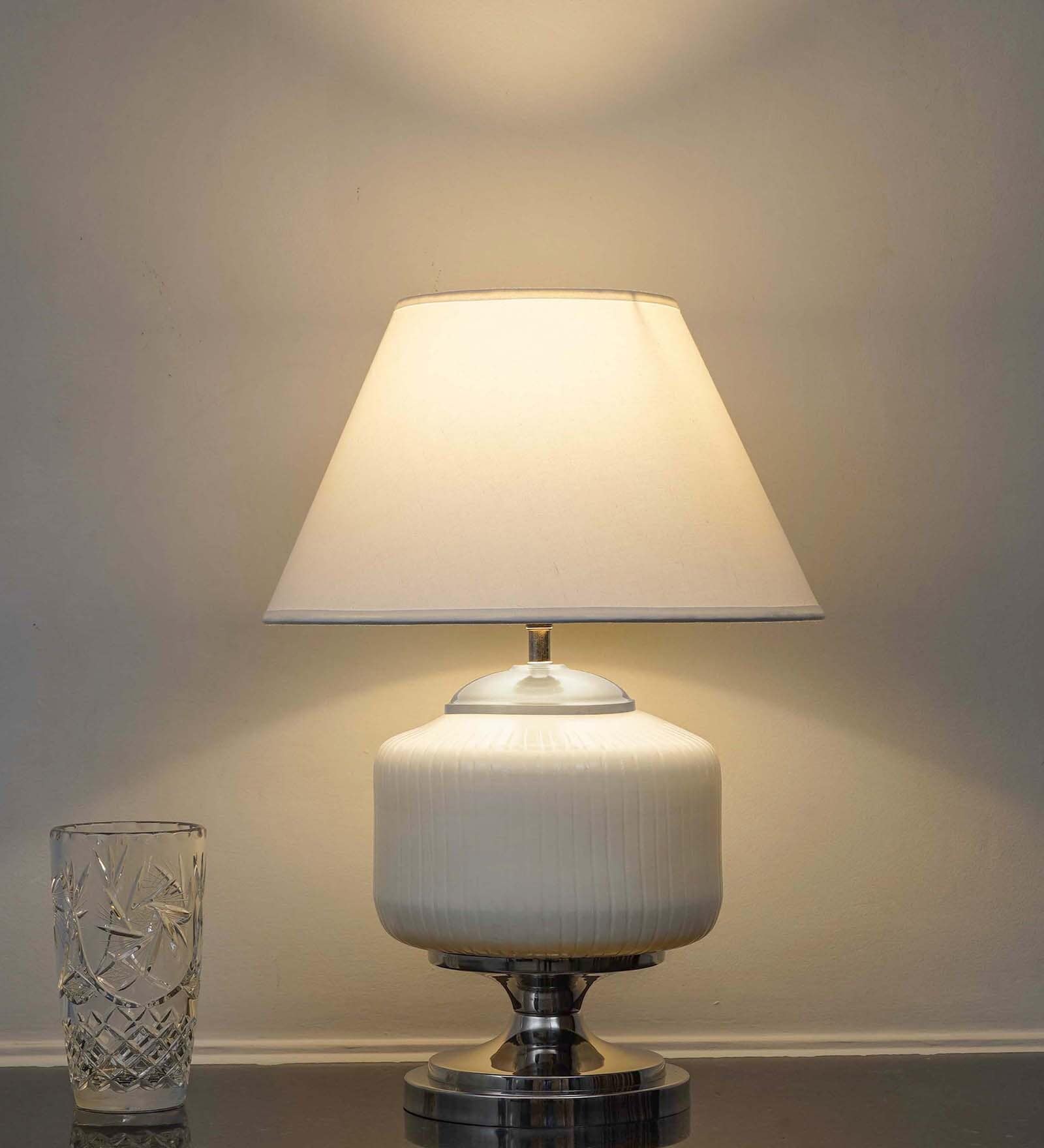 Ramzi Chrome Finish Metal And Frosted White Glass Table Lamp With White Cotton Shade