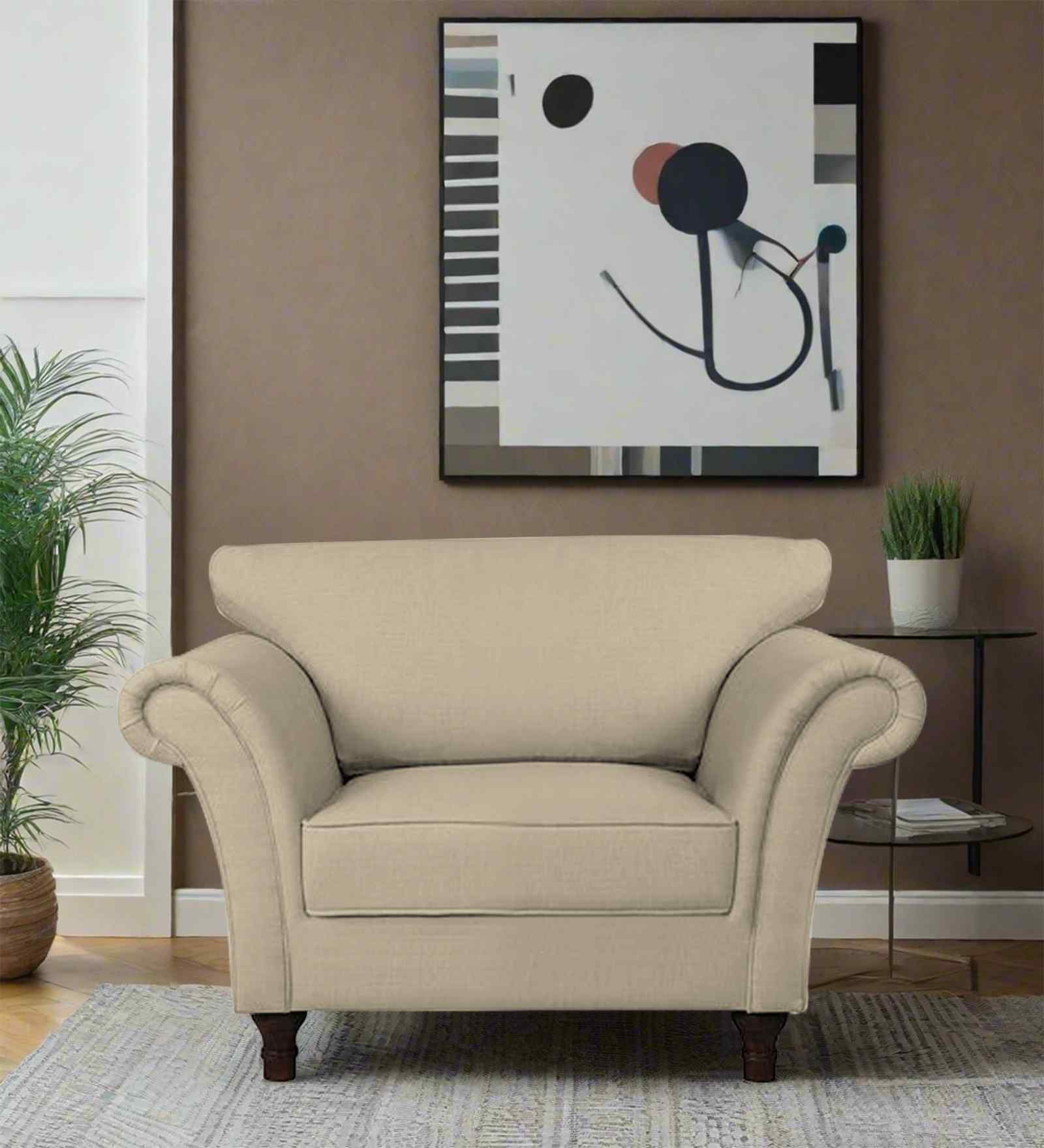 Rana Fabric 1 Seater Sofa in Cotton Beigen Color