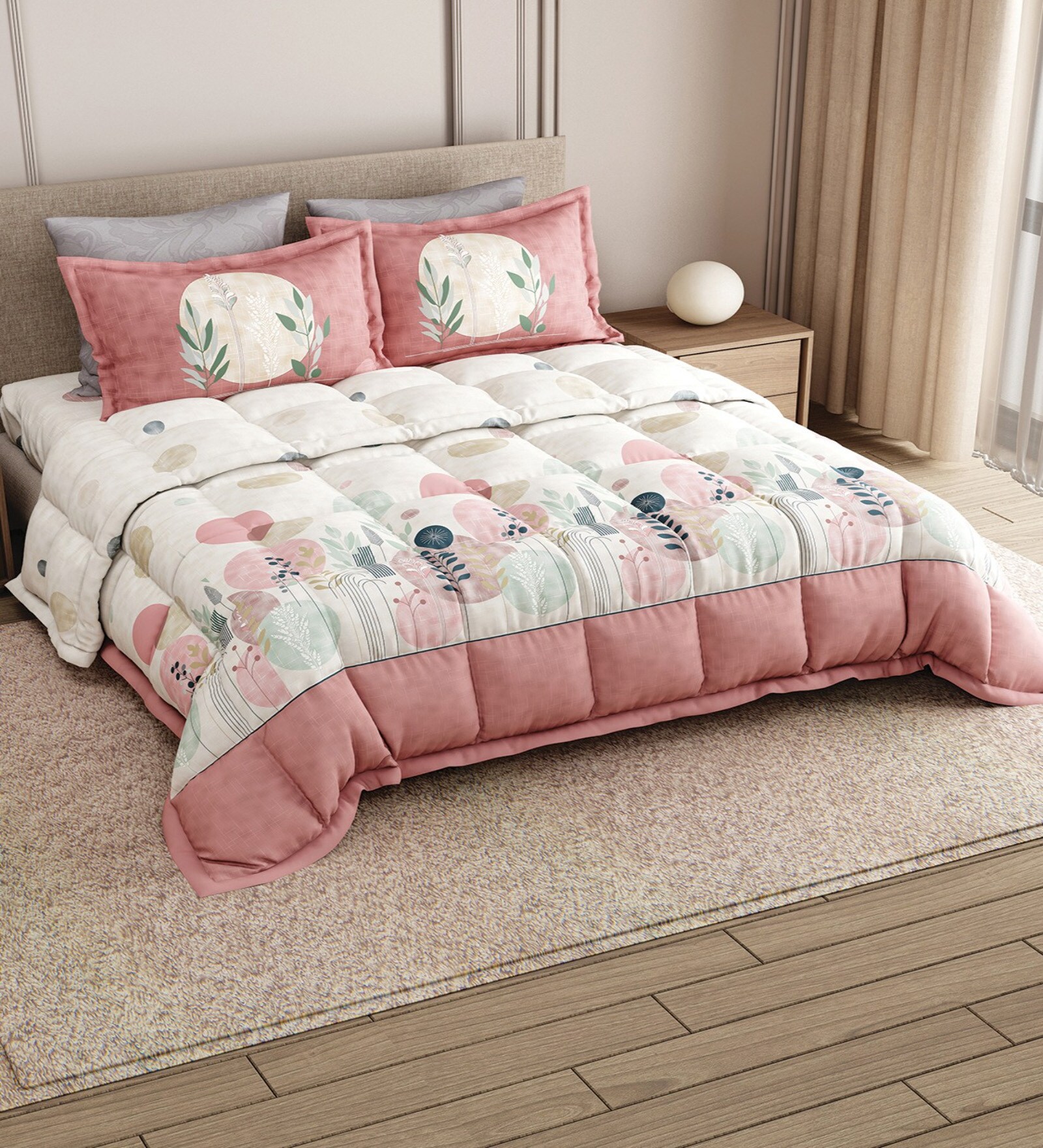 Pink Rangriti King Size Bedding Set with 180TC Bedsheet With Comforter & 2pc Pillow Covers