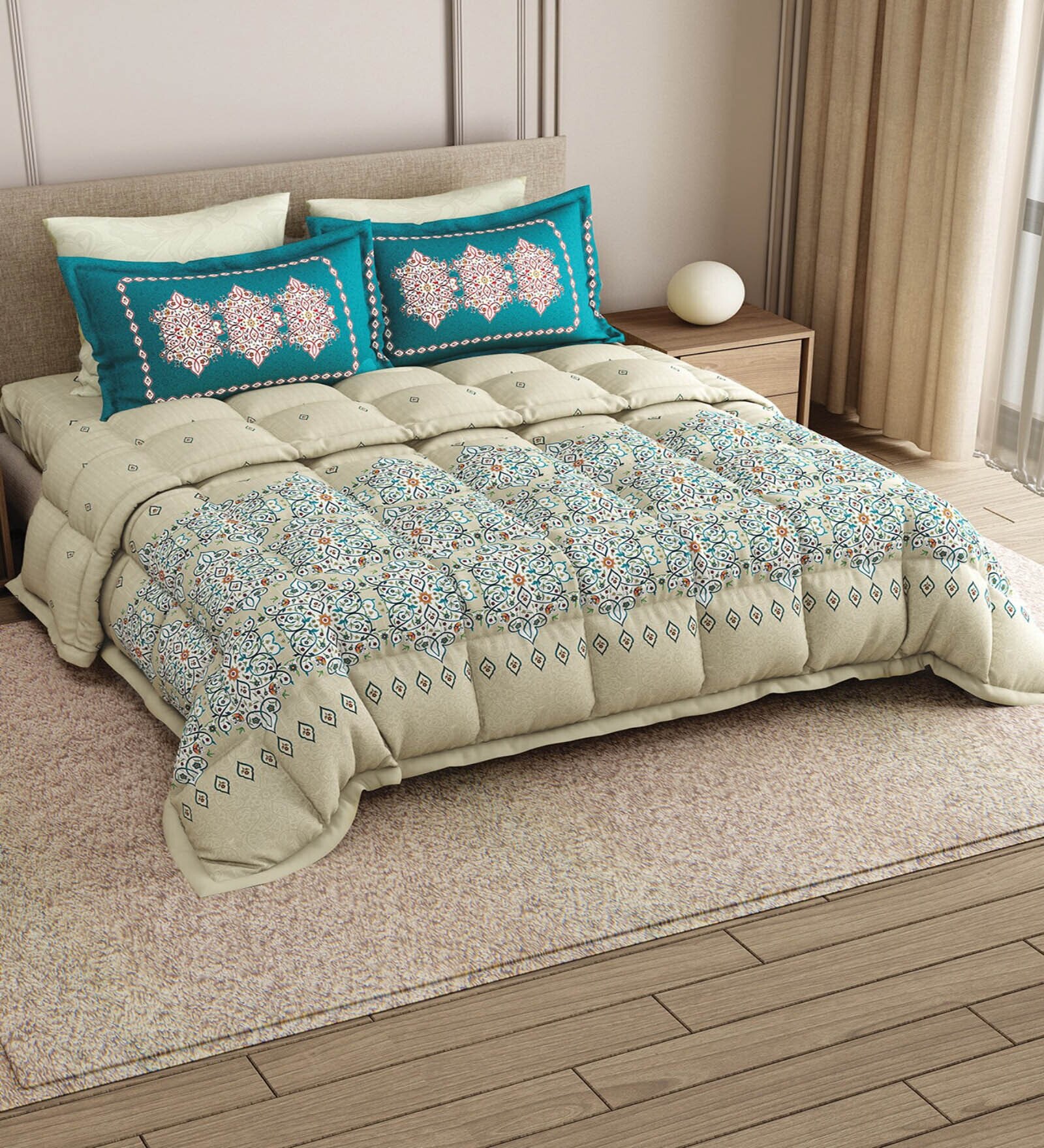 Cream Rangriti King Size Bedding Set with 180TC Bedsheet With Comforter & 2pc Pillow Covers