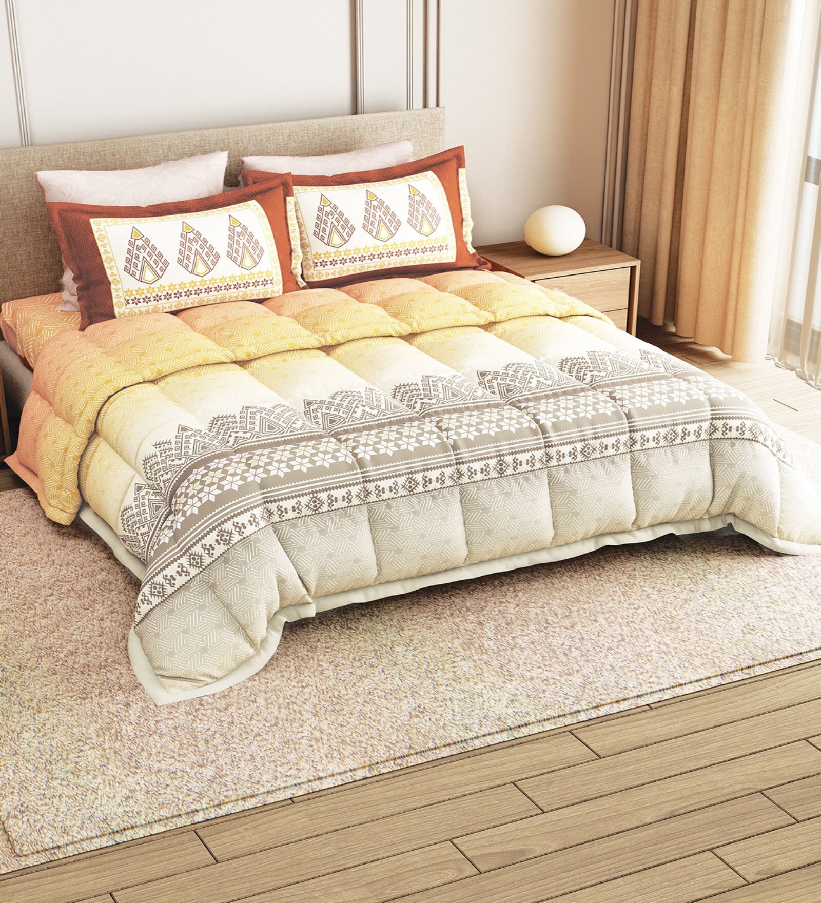 Orange Rangriti King Size Bedding Set with 180TC Bedsheet With Comforter & 2pc Pillow Covers