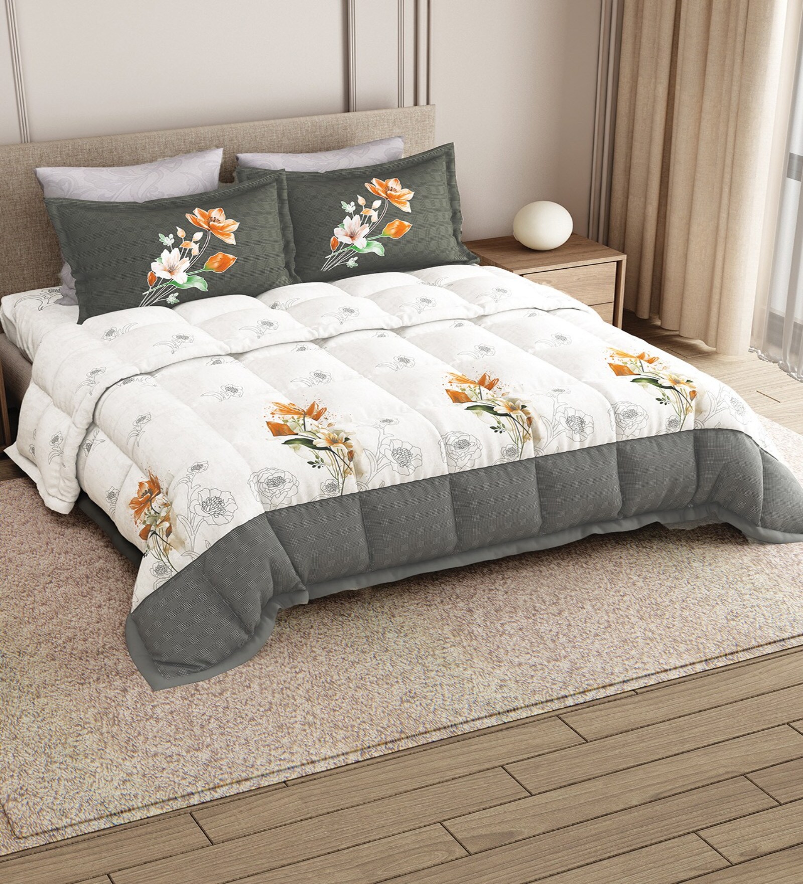 White Rangriti King Size Bedding Set with 180TC Bedsheet With Comforter & 2pc Pillow Covers