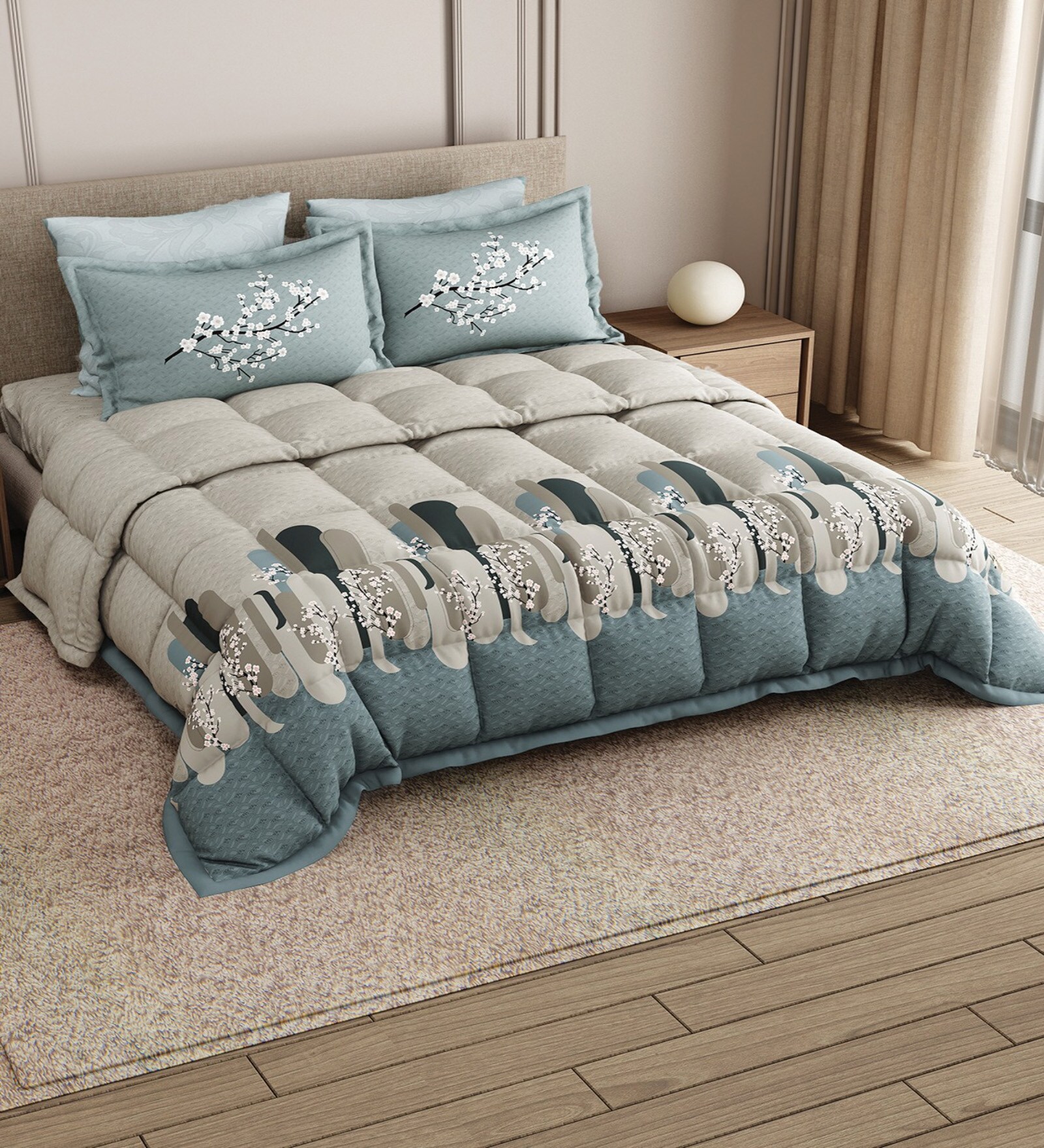 Blue Rangriti King Size Bedding Set with 180TC Bedsheet With Comforter & 2pc Pillow Covers