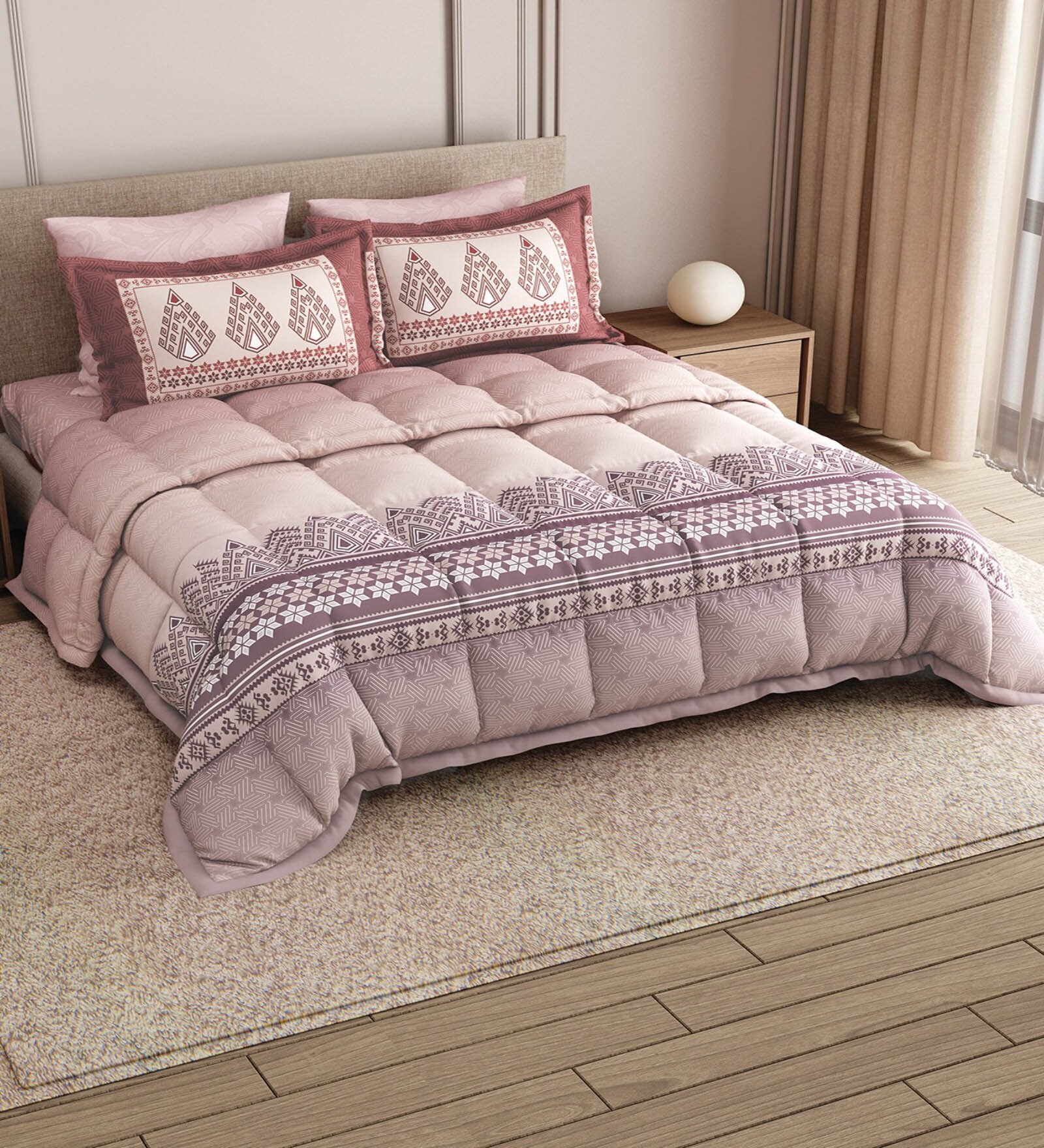 Pink Rangriti King Size Bedding Set with 180TC Bedsheet With Comforter & 2pc Pillow Covers