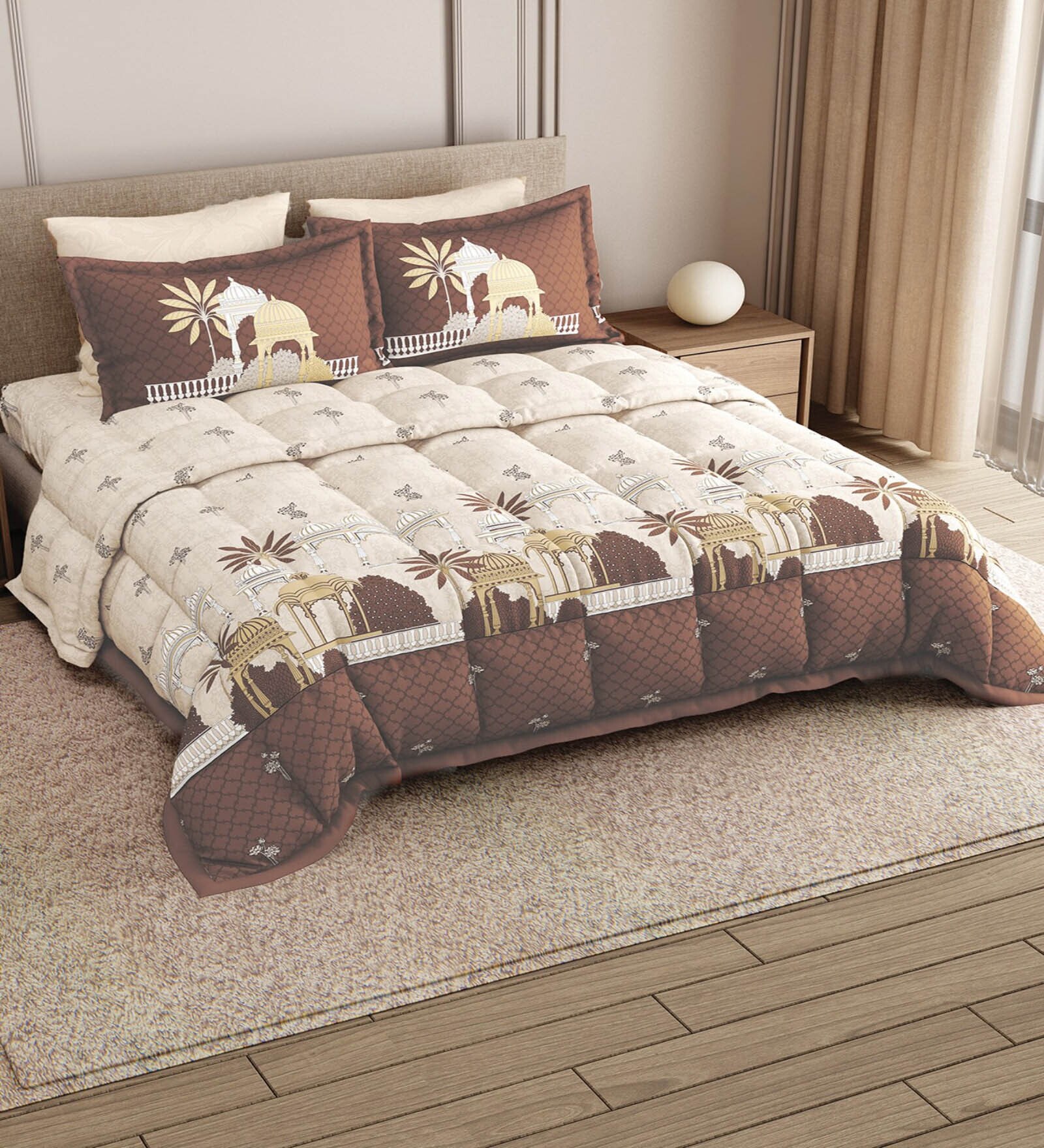 Brown Rangriti King Size Bedding Set with 180TC Bedsheet With Comforter & 2pc Pillow Covers