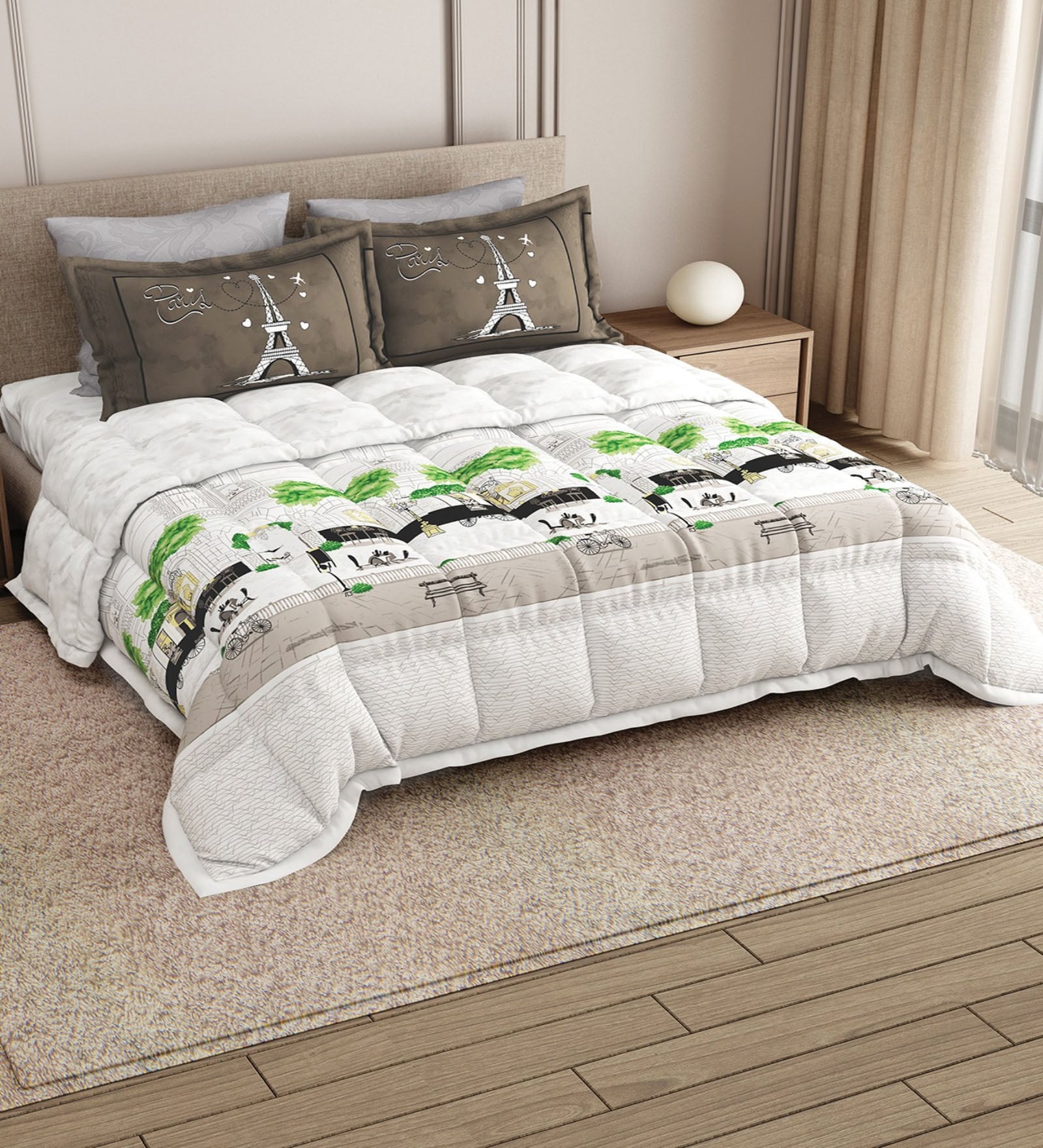 White Rangriti King Size Bedding Set with 180TC Bedsheet With Comforter & 2pc Pillow Covers