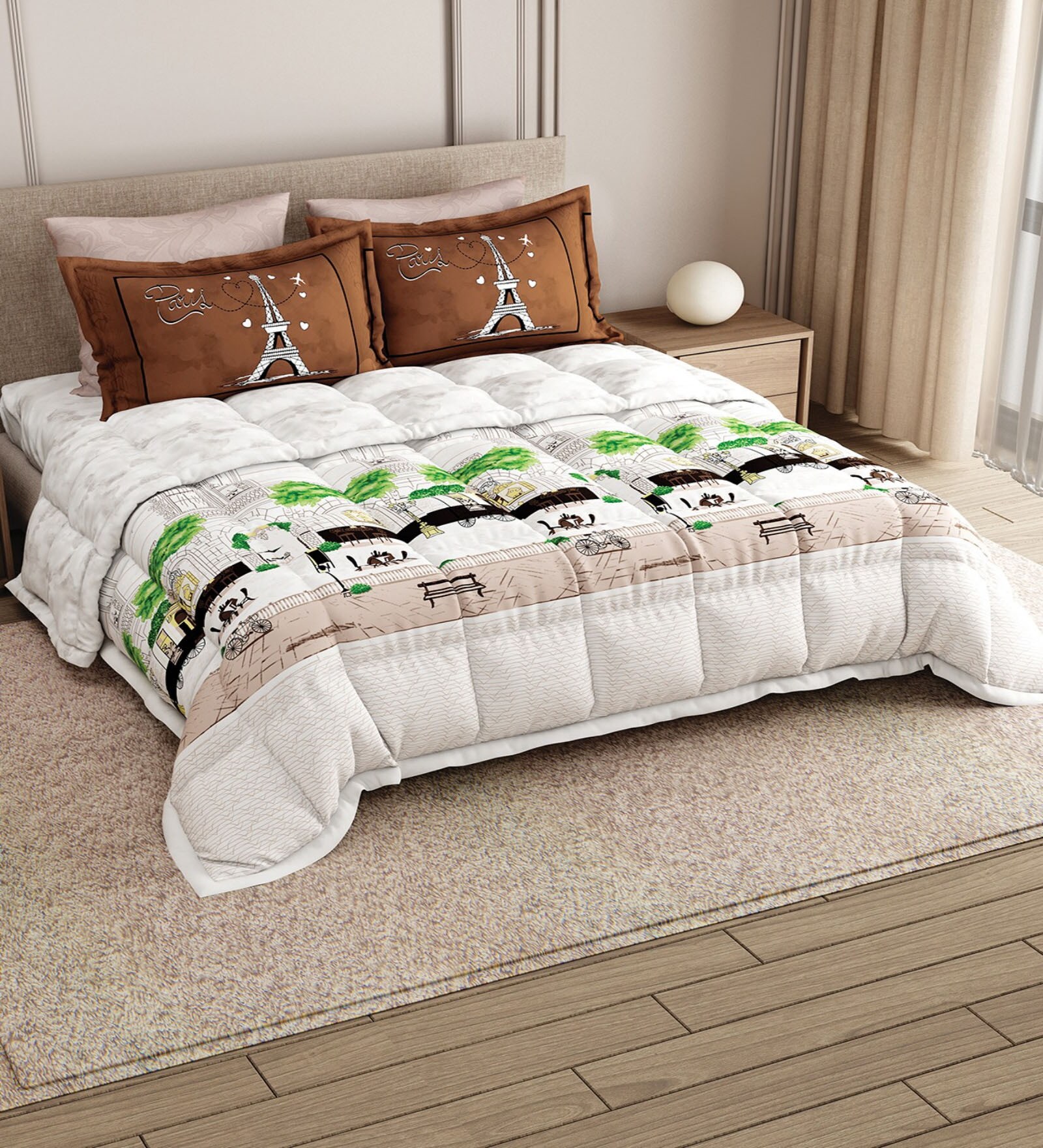 Orange Rangriti King Size Bedding Set with 180TC Bedsheet With Comforter & 2pc Pillow Covers
