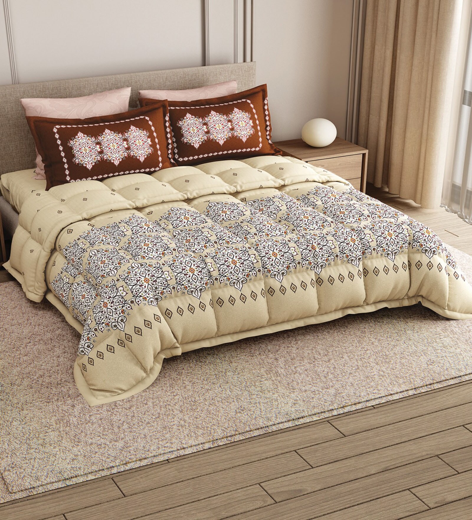 Beige Rangriti King Size Bedding Set with 180TC Bedsheet With Comforter & 2pc Pillow Covers