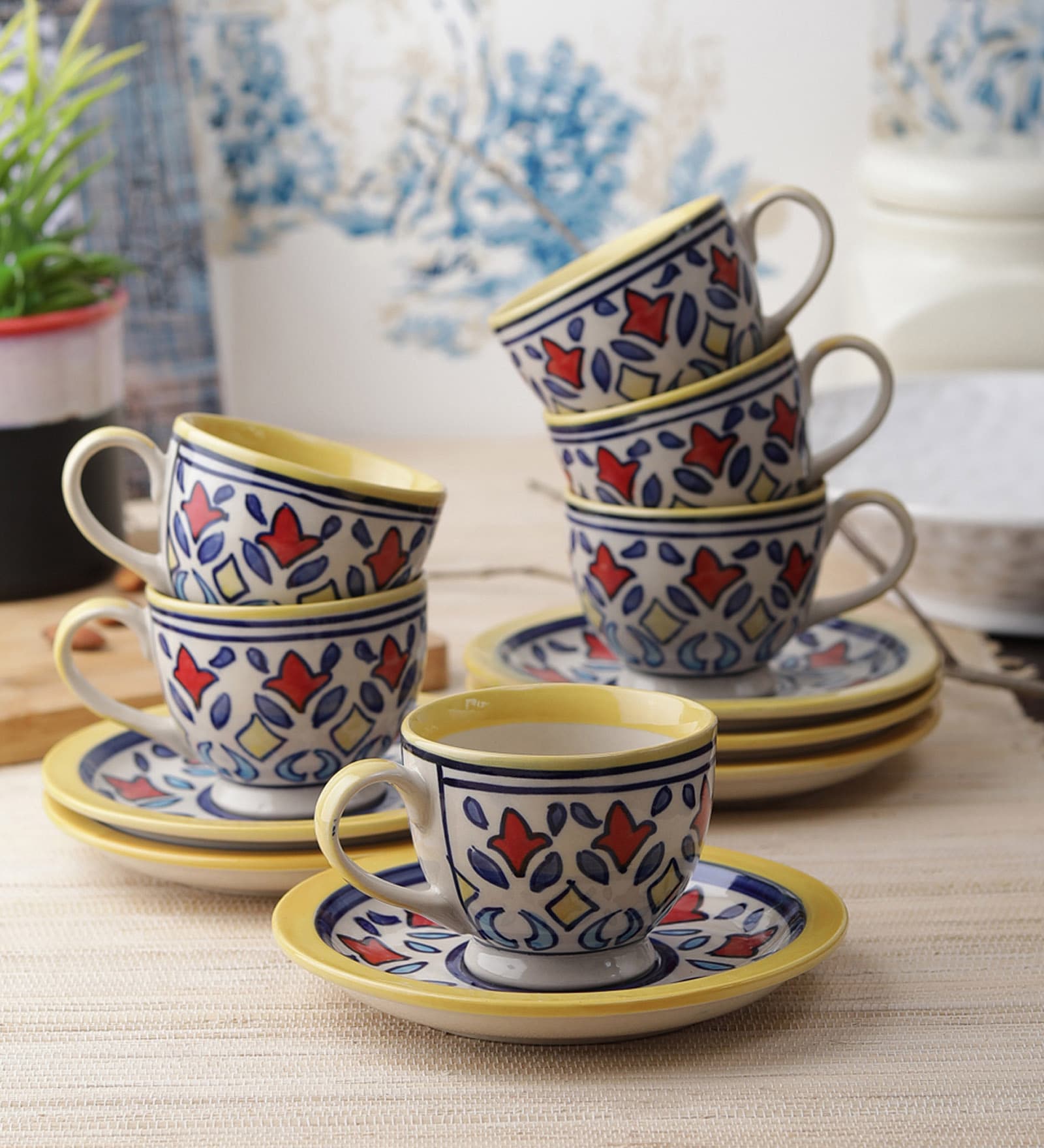 Rangriti 120ml Multicolour Ceramic (Set of 12) Tea Cup & Saucer Set